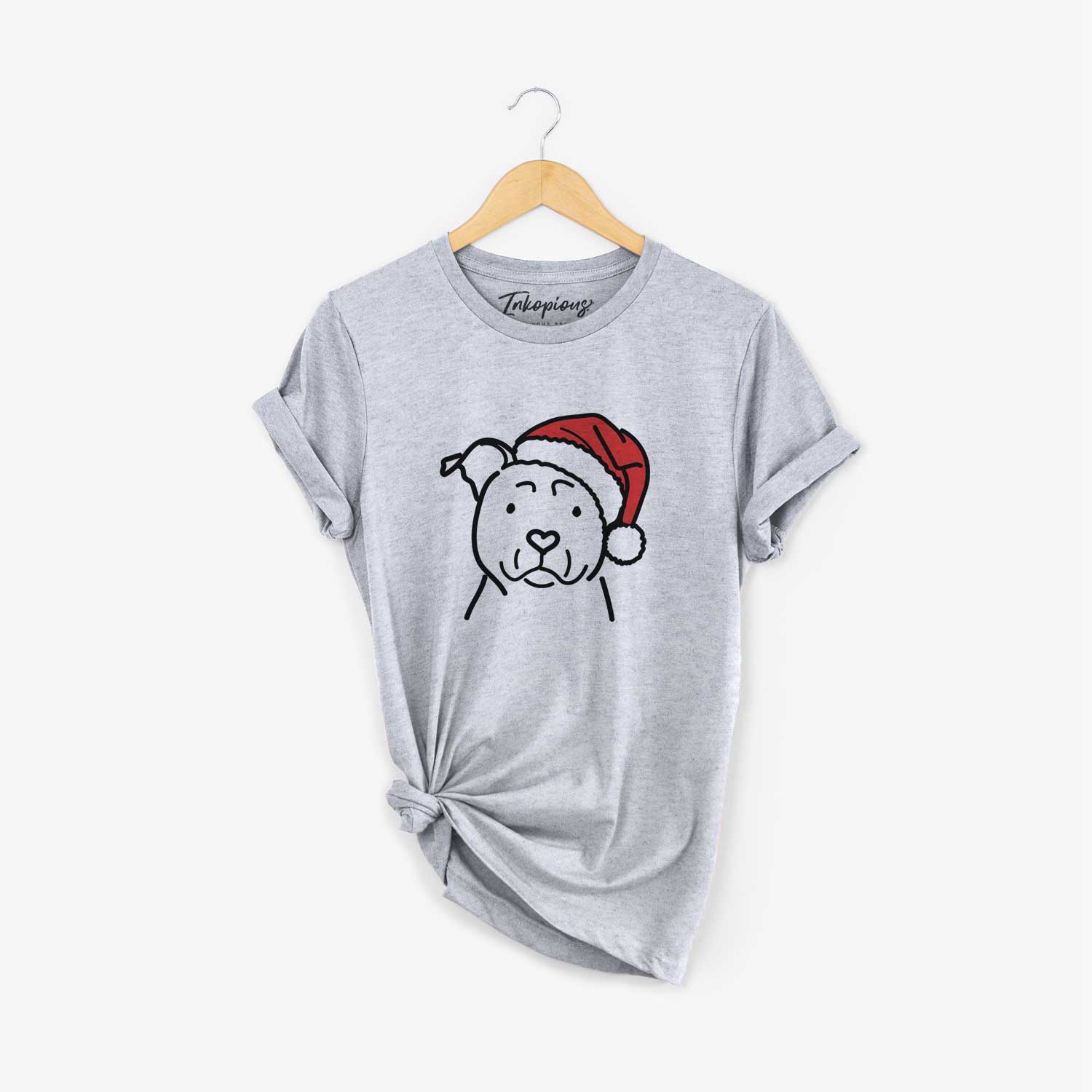 Minimalist line drawing of an American Staffordshire Terrier wearing a Santa hat on a Grey Unisex crewneck