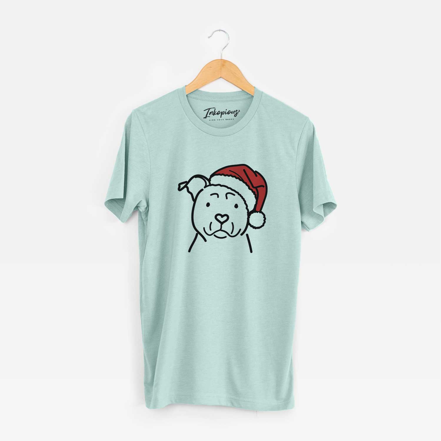 Minimalist line drawing of an American Staffordshire Terrier wearing a Santa hat on a Heather Sage Unisex crewneck