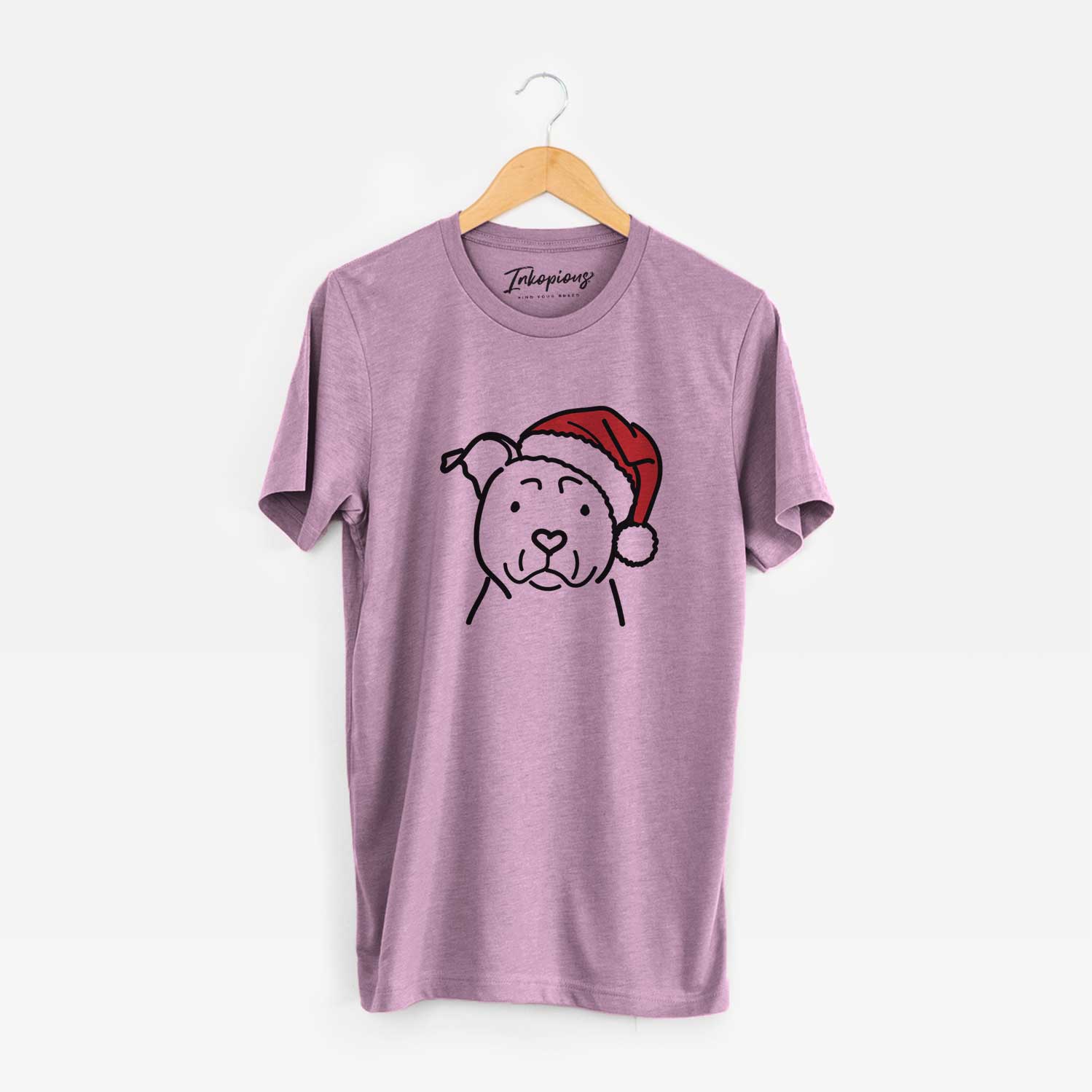 Minimalist line drawing of an American Staffordshire Terrier wearing a Santa hat on an Orchid Unisex crewneck