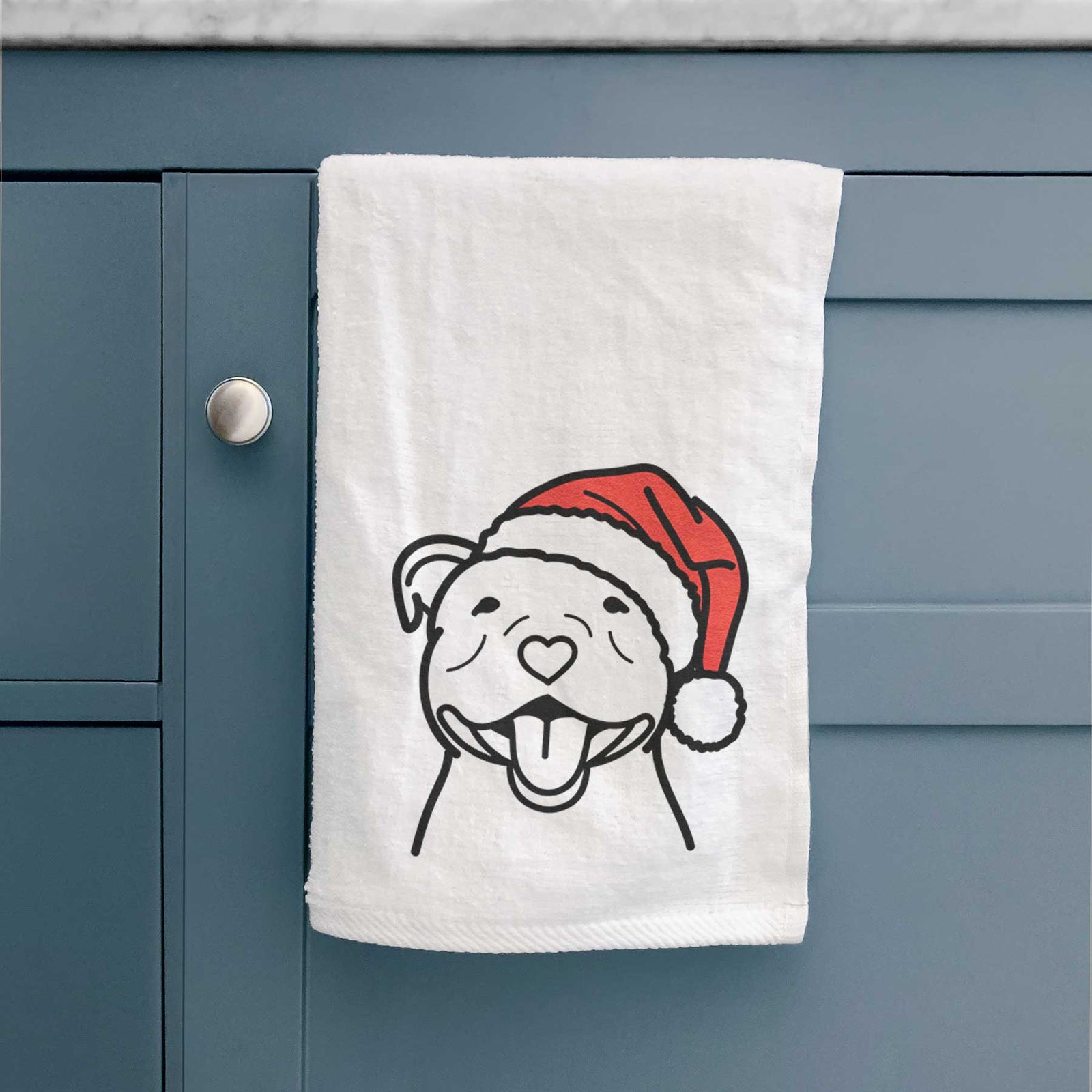 Minimalist line drawing of a Happy American Staffordshire Terrier wearing a Santa hat on a decorative hand towel