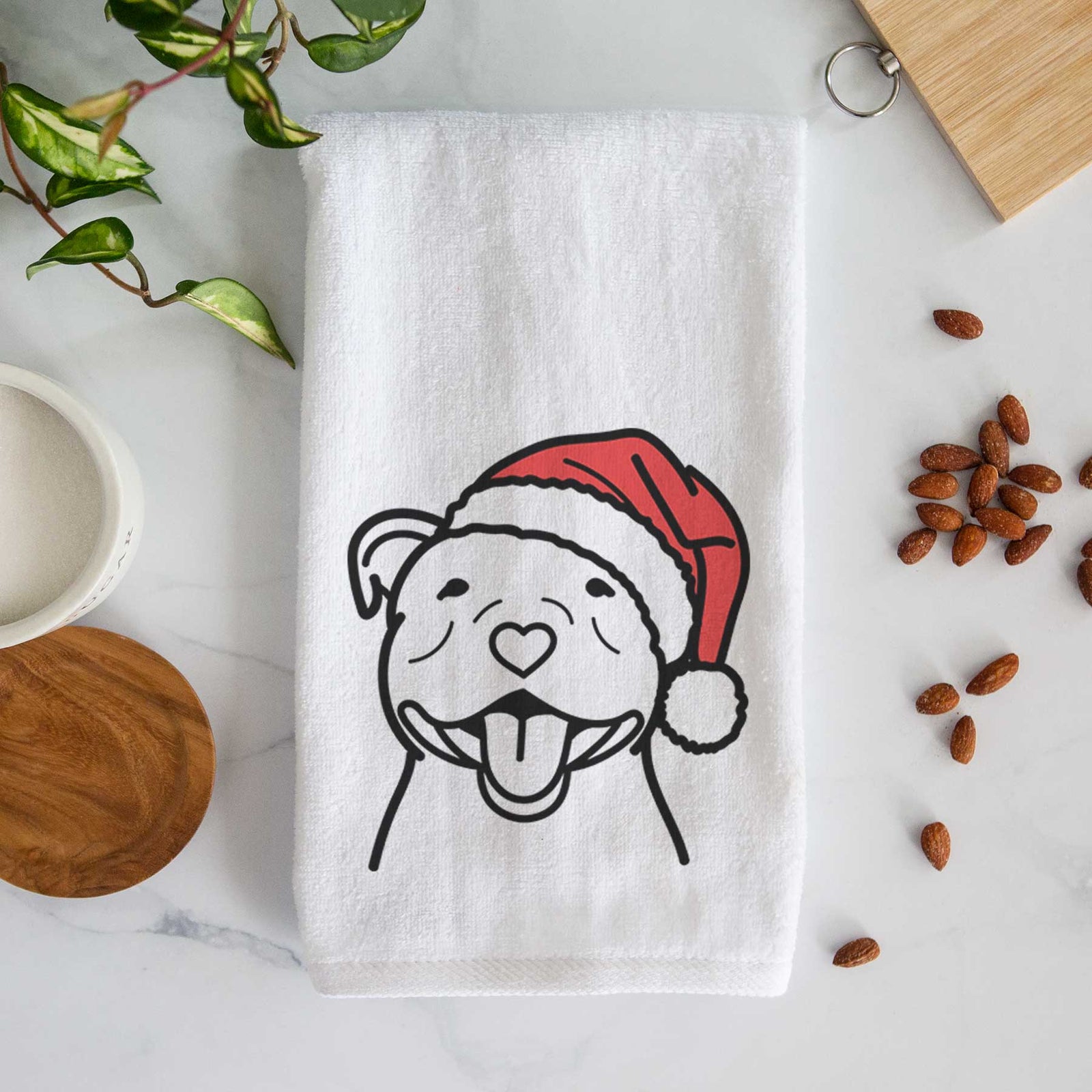 Minimalist line drawing of a Happy American Staffordshire Terrier wearing a Santa hat on a decorative hand towel