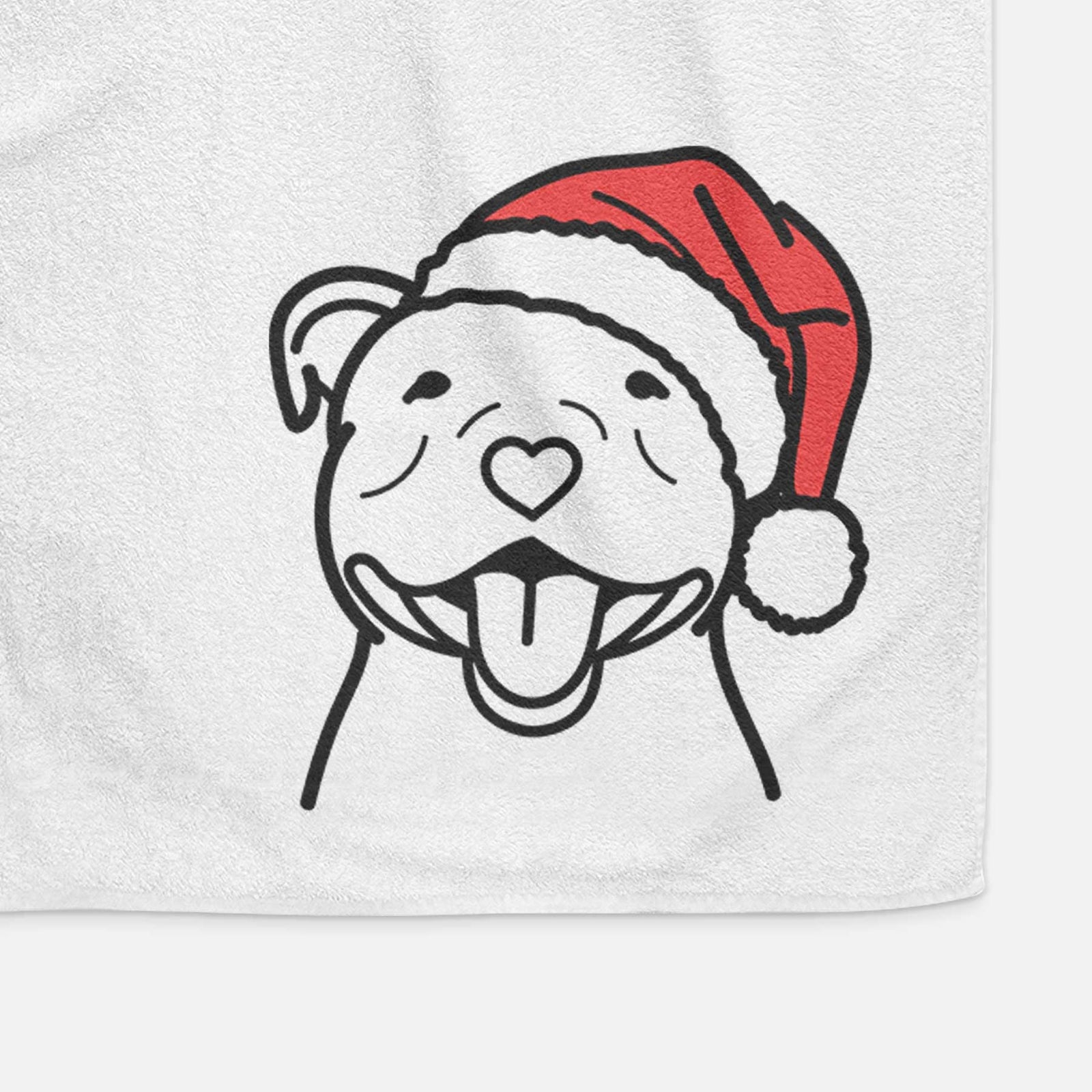 Minimalist line drawing of a Happy American Staffordshire Terrier wearing a Santa hat on a decorative hand towel