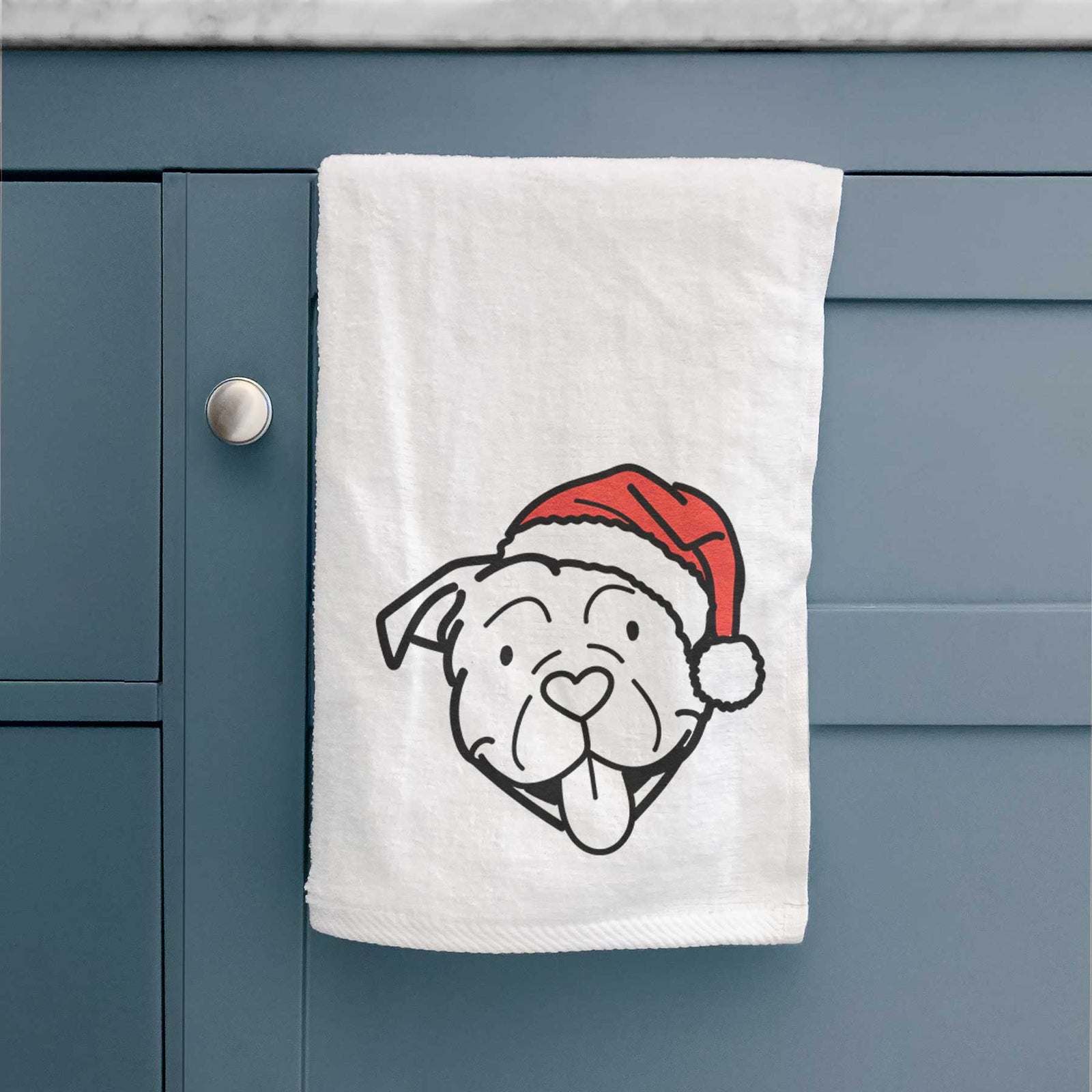 Minimalist line drawing of an American Bulldog wearing a Santa hat on a decorative hand towel