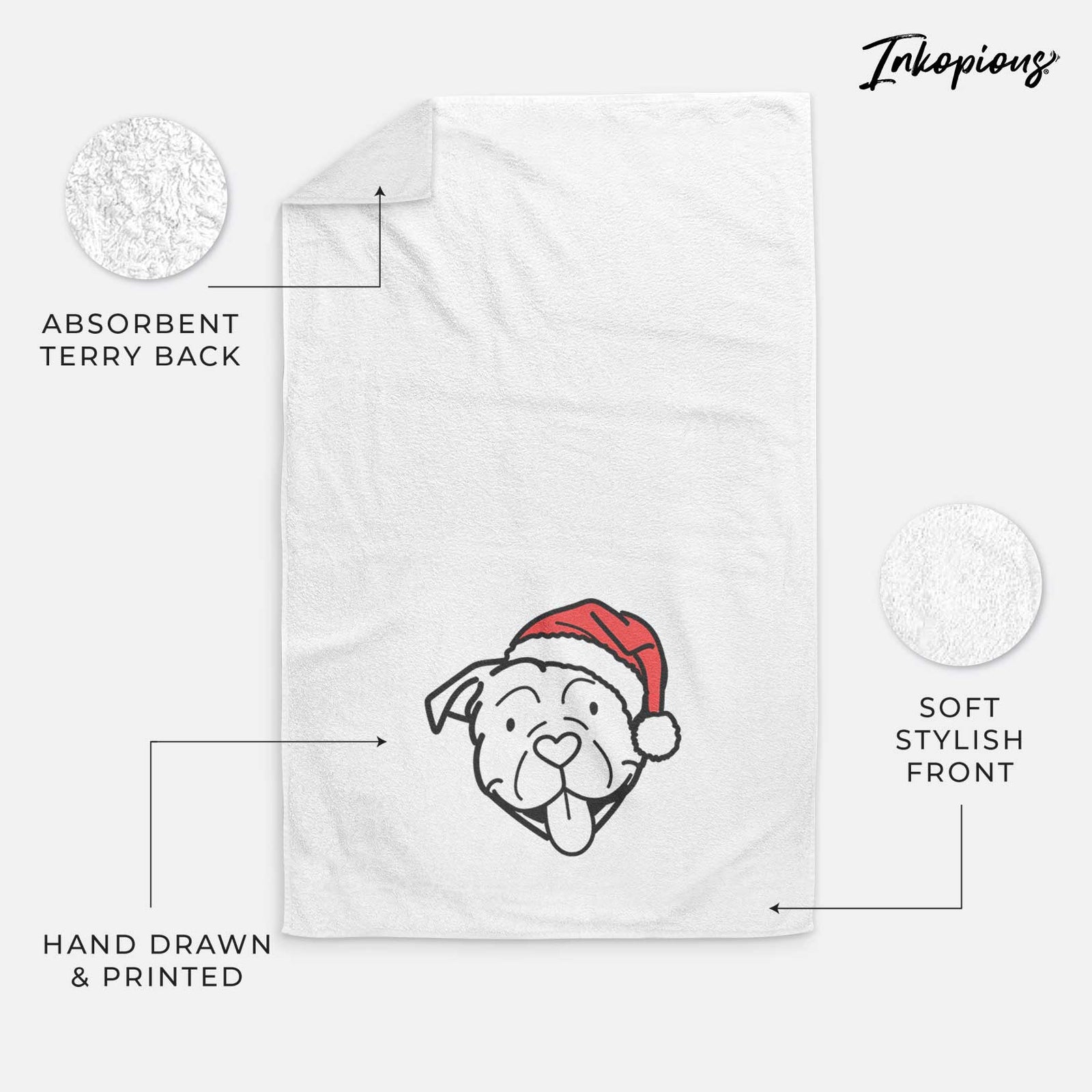 Minimalist line drawing of an American Bulldog wearing a Santa hat on a decorative hand towel