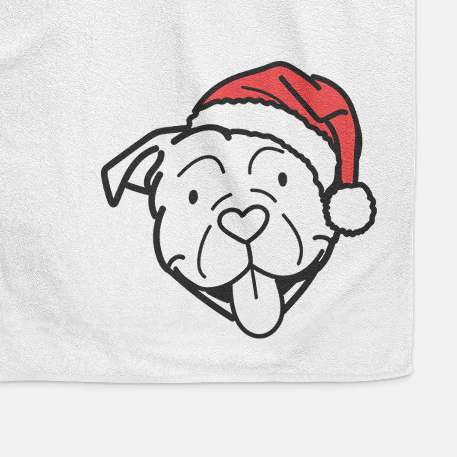 Minimalist line drawing of an American Bulldog wearing a Santa hat on a decorative hand towel
