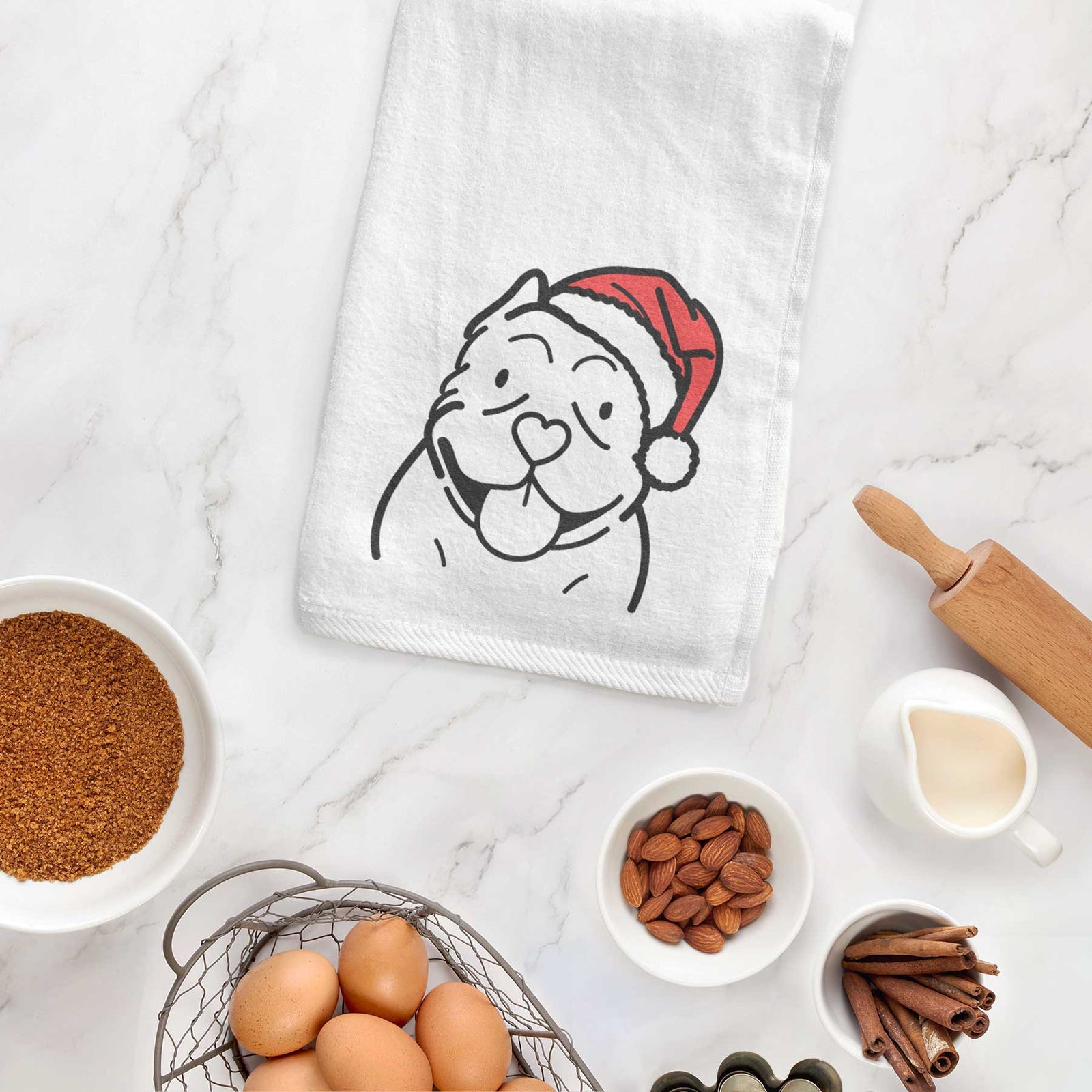 Minimalist line drawing of an American Bully wearing a Santa hat on a decorative hand towel