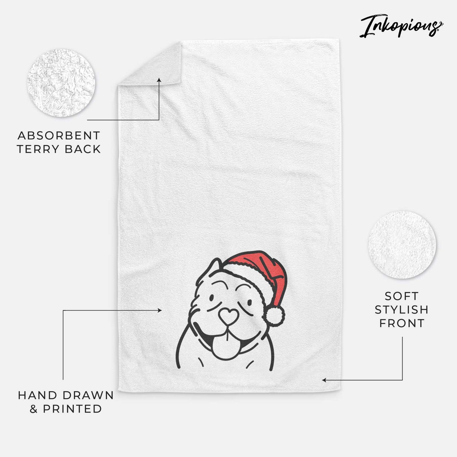 Minimalist line drawing of an American Bully wearing a Santa hat on a decorative hand towel