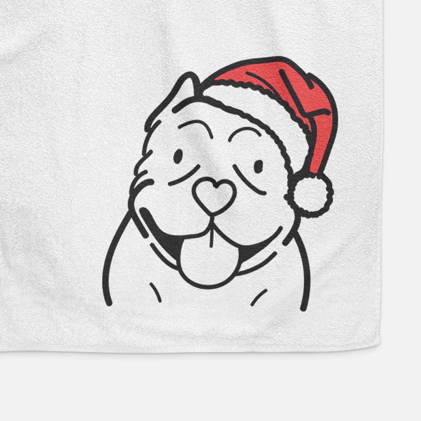 Minimalist line drawing of an American Bully wearing a Santa hat on a decorative hand towel