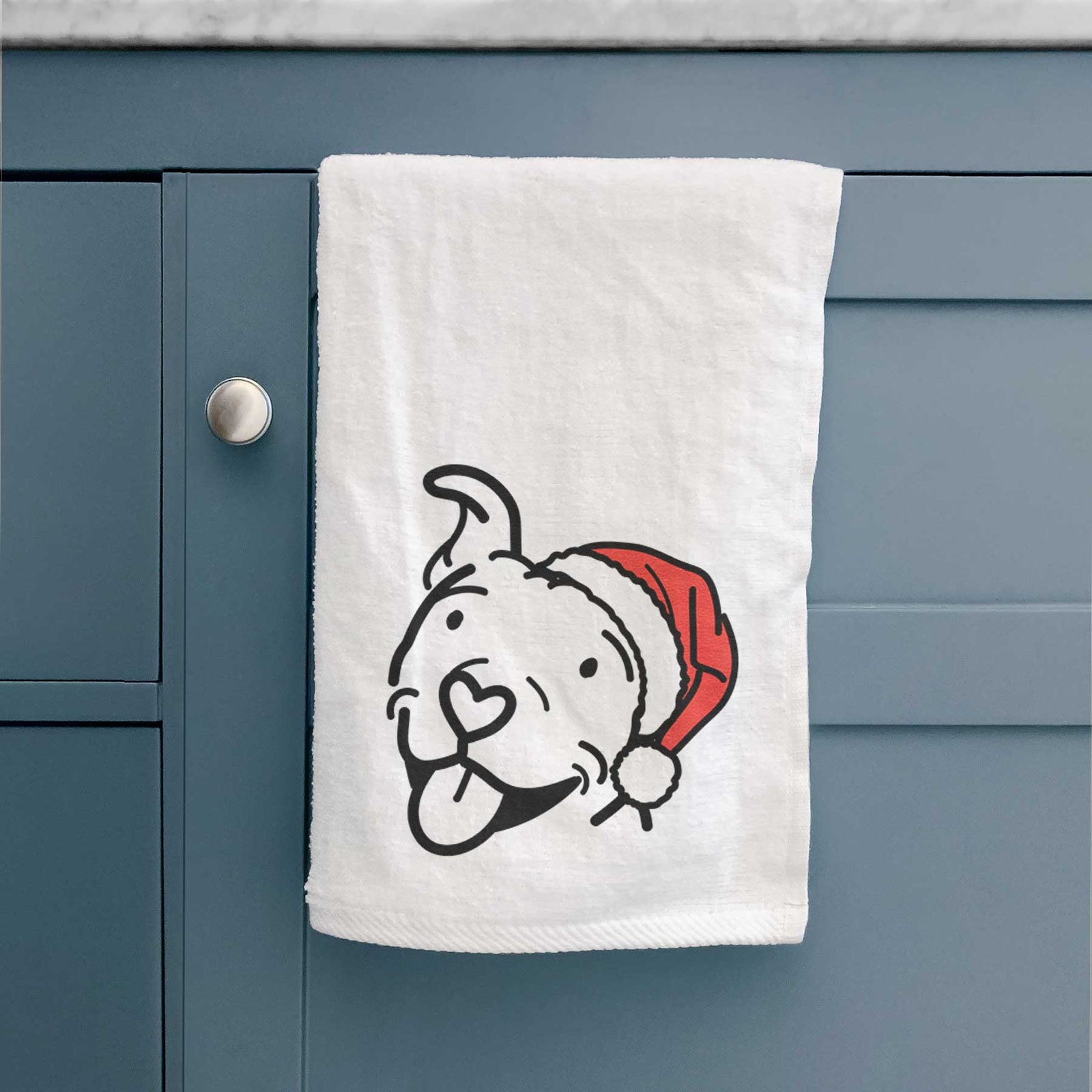Minimalist line drawing of Arlo the Pitbull wearing a Santa hat on a decorative hand towel