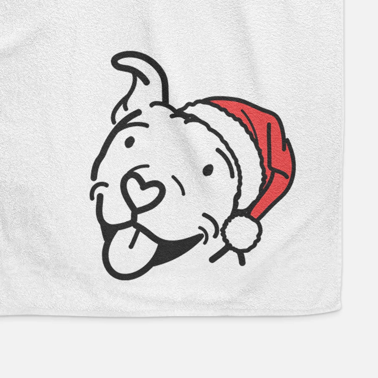 Minimalist line drawing of Arlo the Pitbull wearing a Santa hat on a decorative hand towel