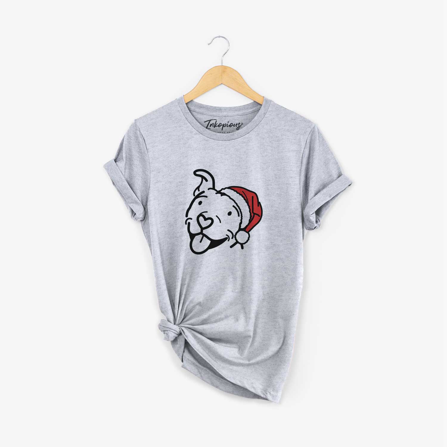 Minimalist line drawing of Arlo the Pitbull wearing a Santa hat on a Grey Unisex crewneck