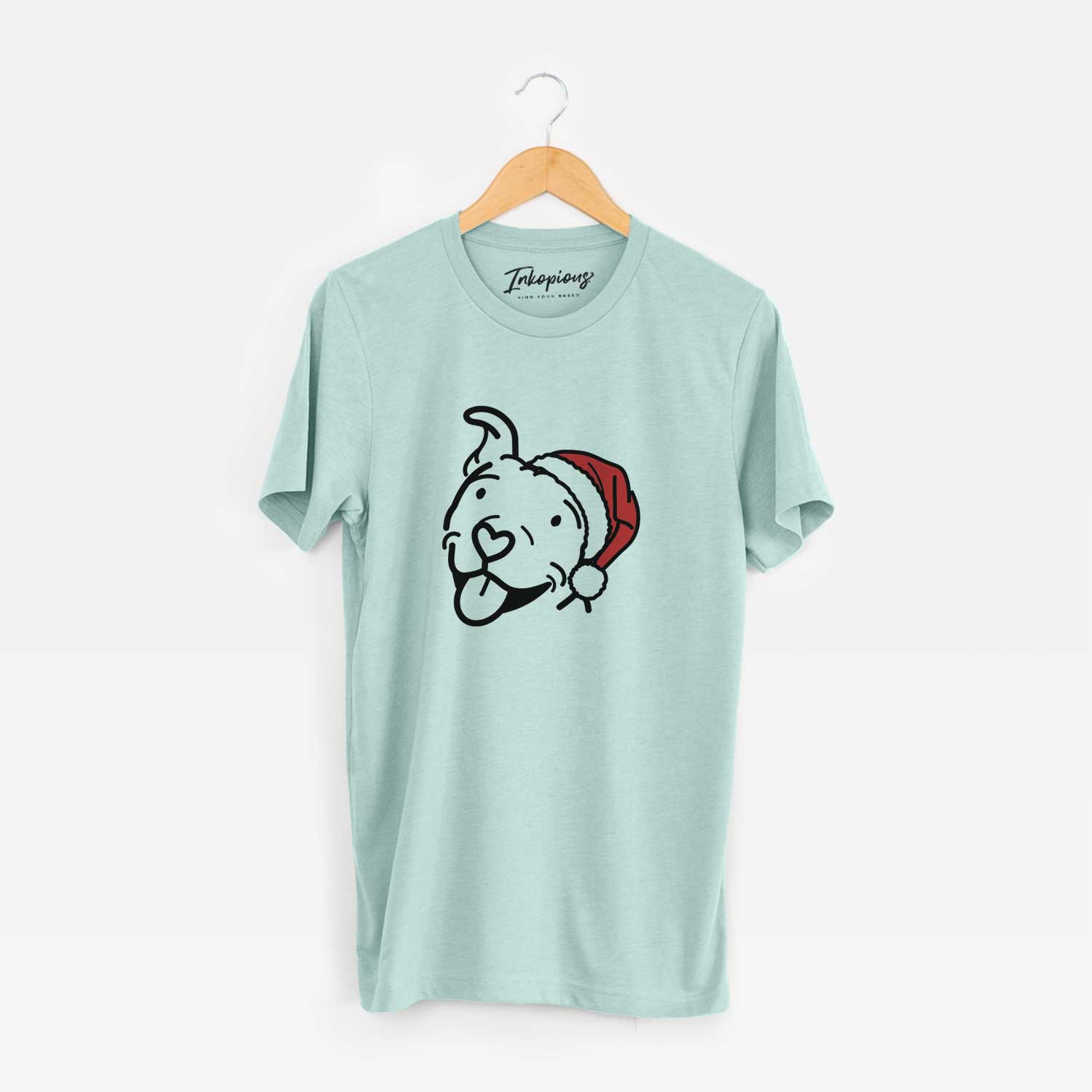 Minimalist line drawing of Arlo the Pitbull wearing a Santa hat on a Heather Sage Unisex crewneck