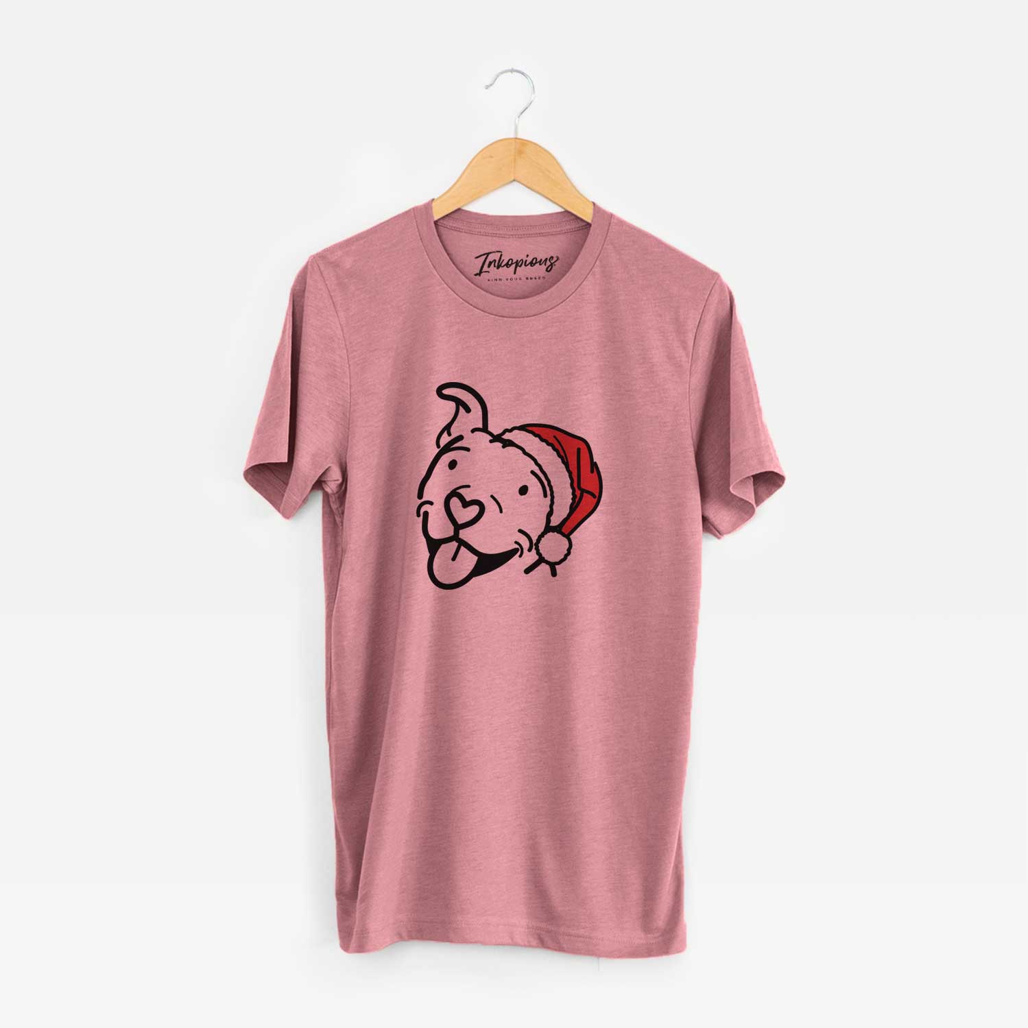 Minimalist line drawing of Arlo the Pitbull wearing a Santa hat on a Mauve Unisex crewneck