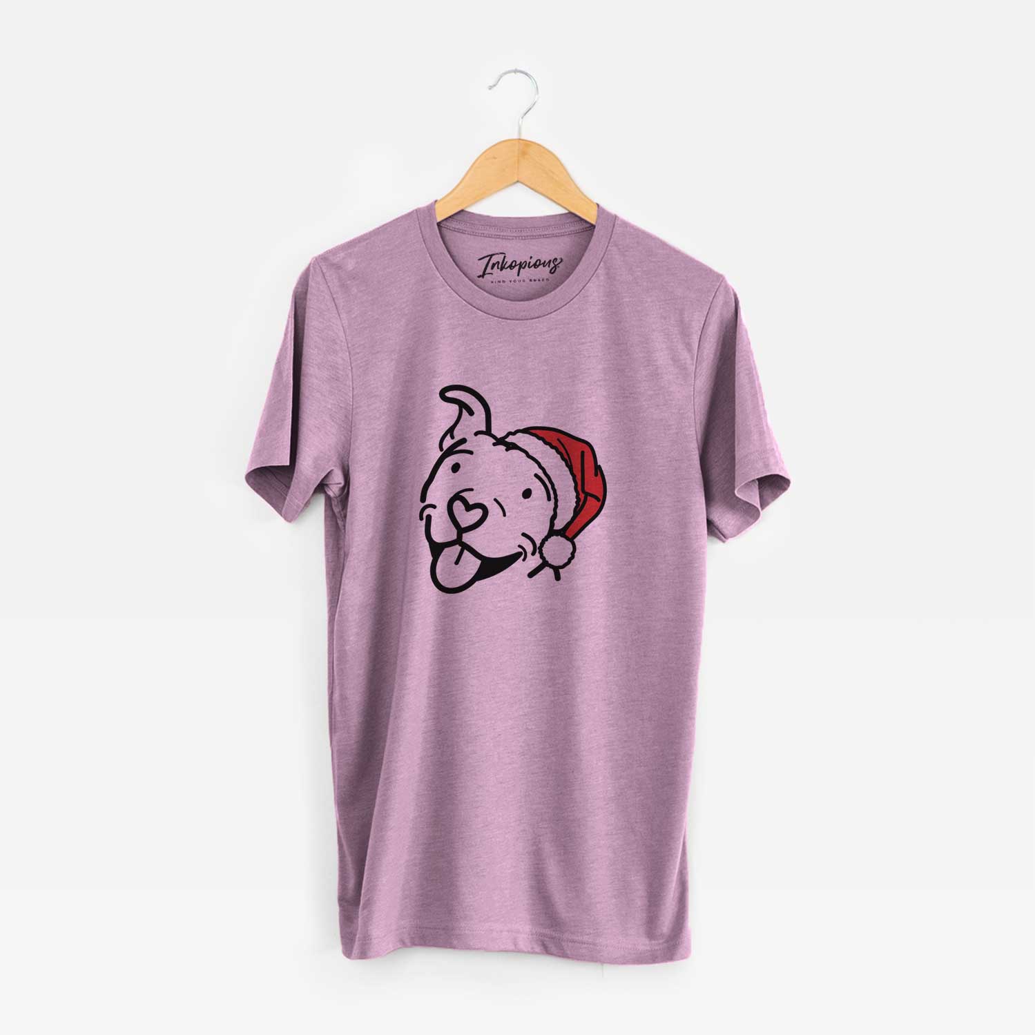 Minimalist line drawing of Arlo the Pitbull wearing a Santa hat on an Orchid Unisex crewneck