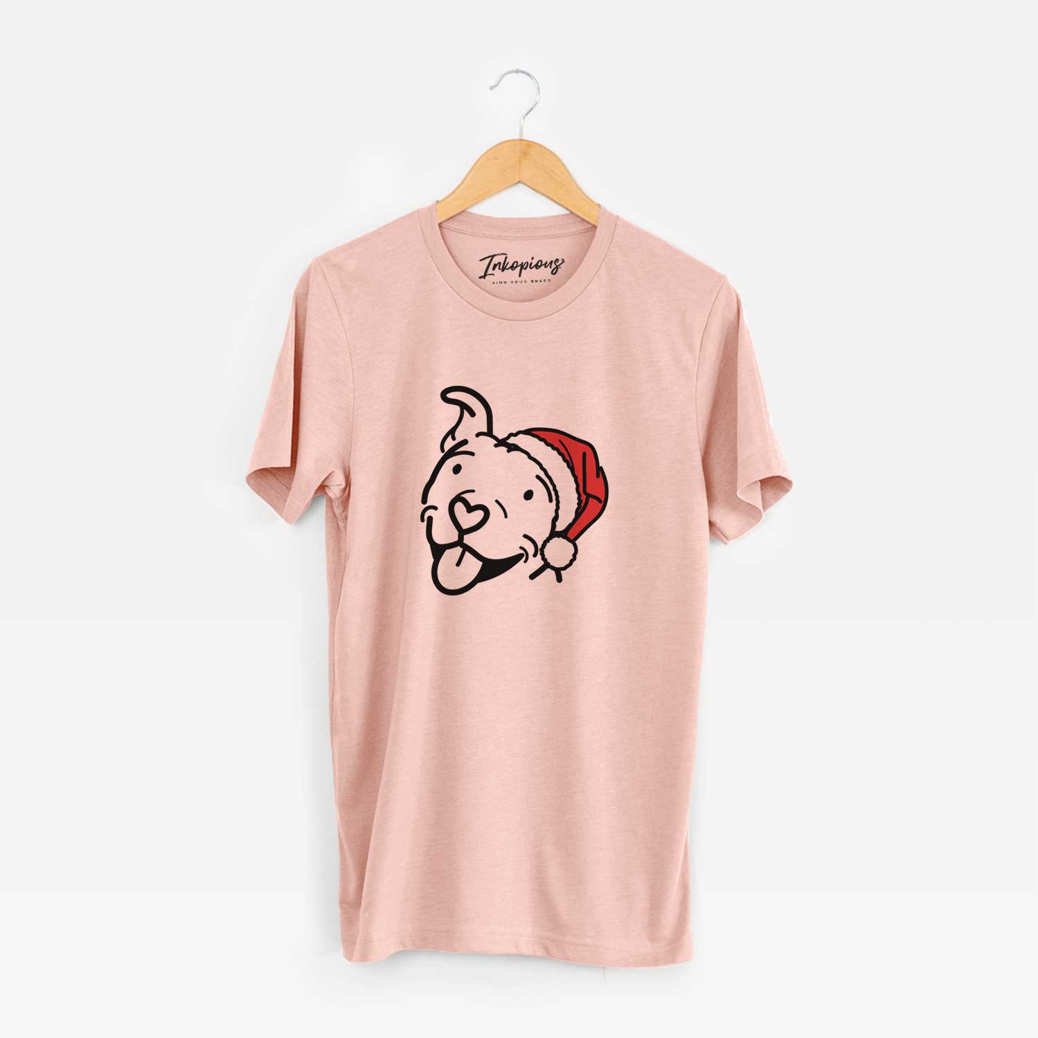 Minimalist line drawing of Arlo the Pitbull wearing a Santa hat on a Peach Unisex crewneck