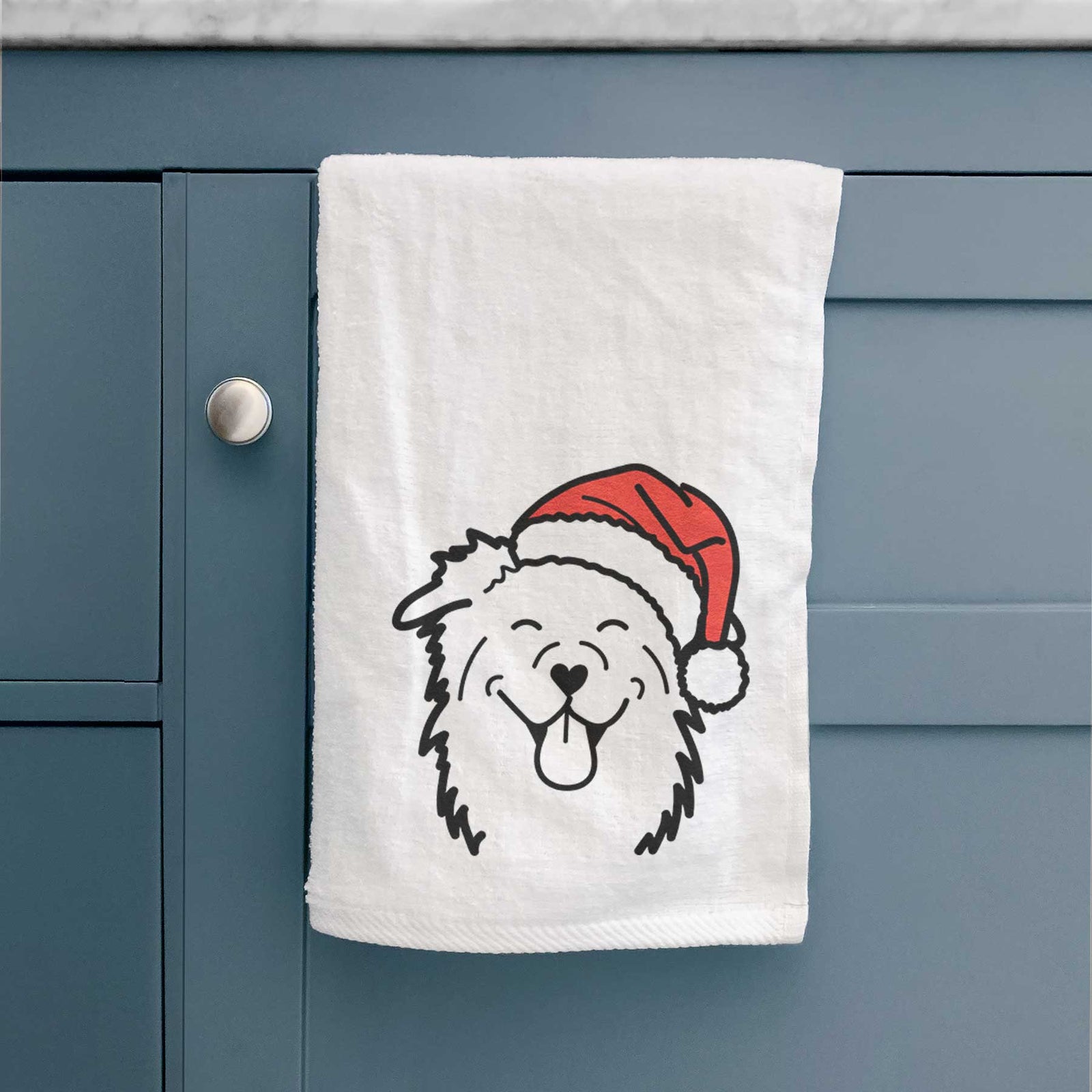 Minimalist line drawing of an Australian Shepherd wearing a Santa hat on a decorative hand towel