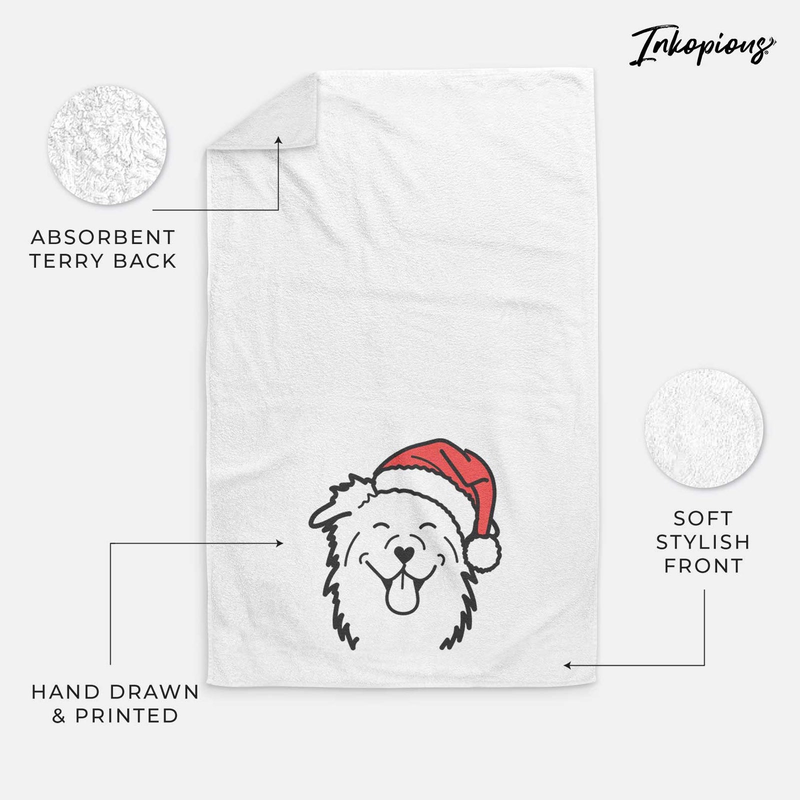 Minimalist line drawing of an Australian Shepherd wearing a Santa hat on a decorative hand towel