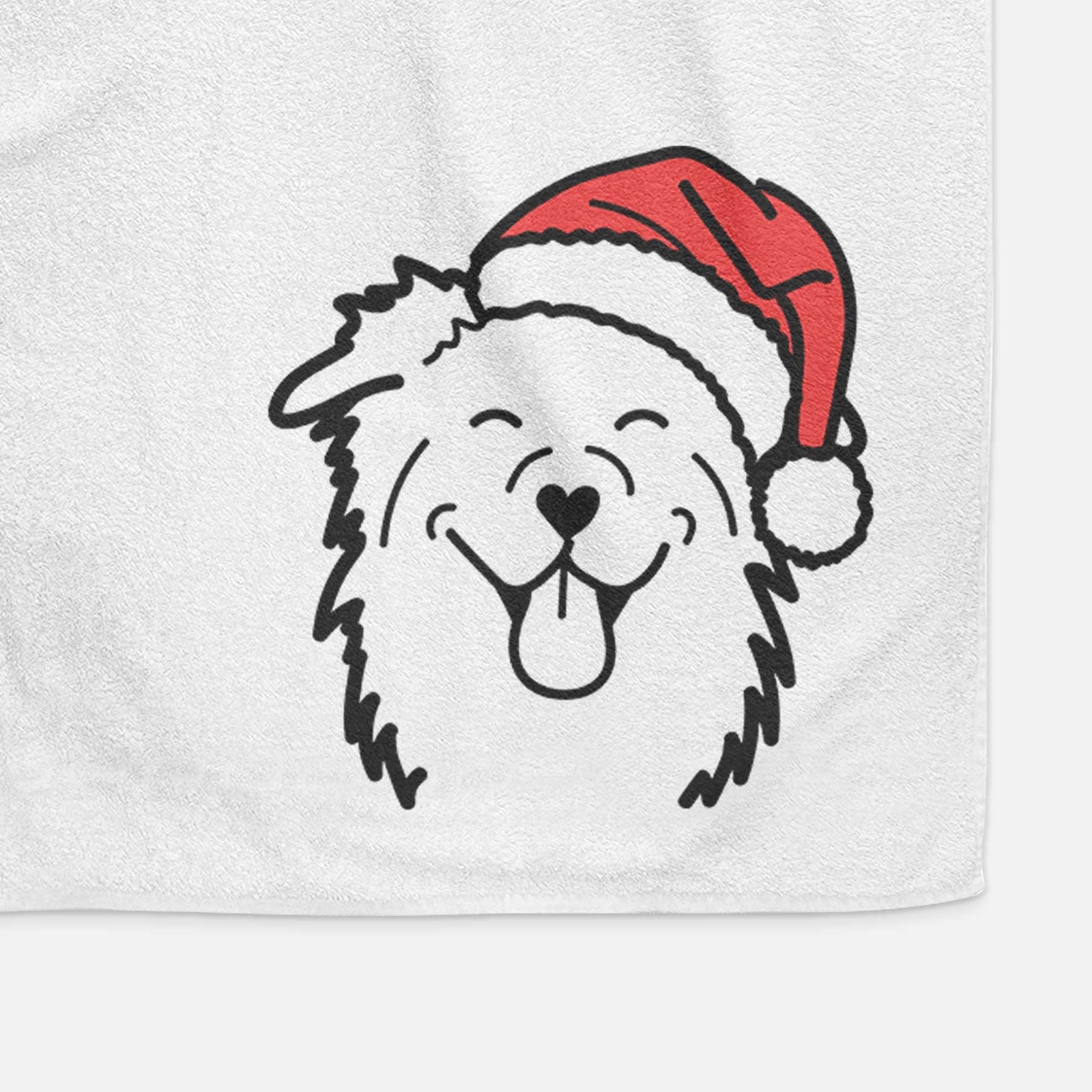 Minimalist line drawing of an Australian Shepherd wearing a Santa hat on a decorative hand towel