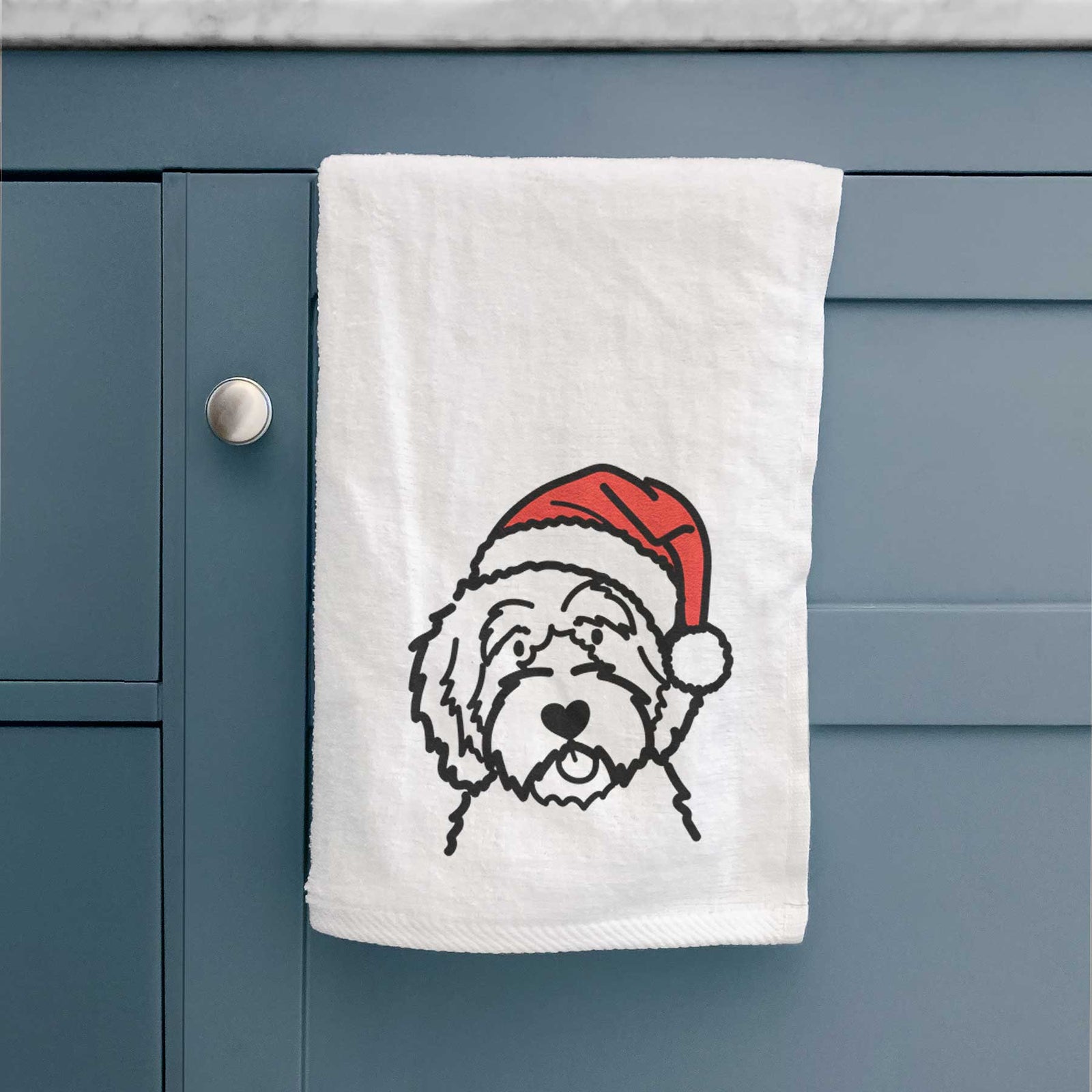 Minimalist line drawing of an Aussiedoodle wearing a Santa hat on a decorative hand towel