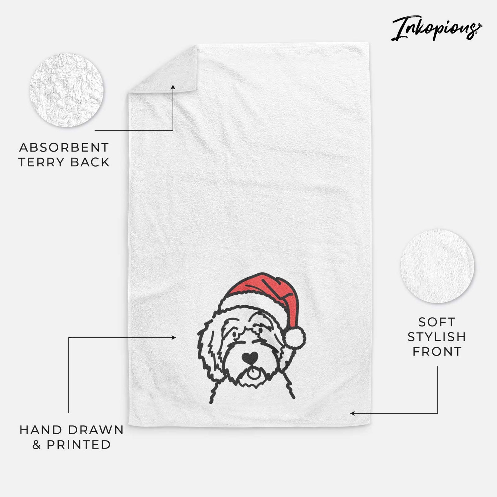 Minimalist line drawing of an Aussiedoodle wearing a Santa hat on a decorative hand towel