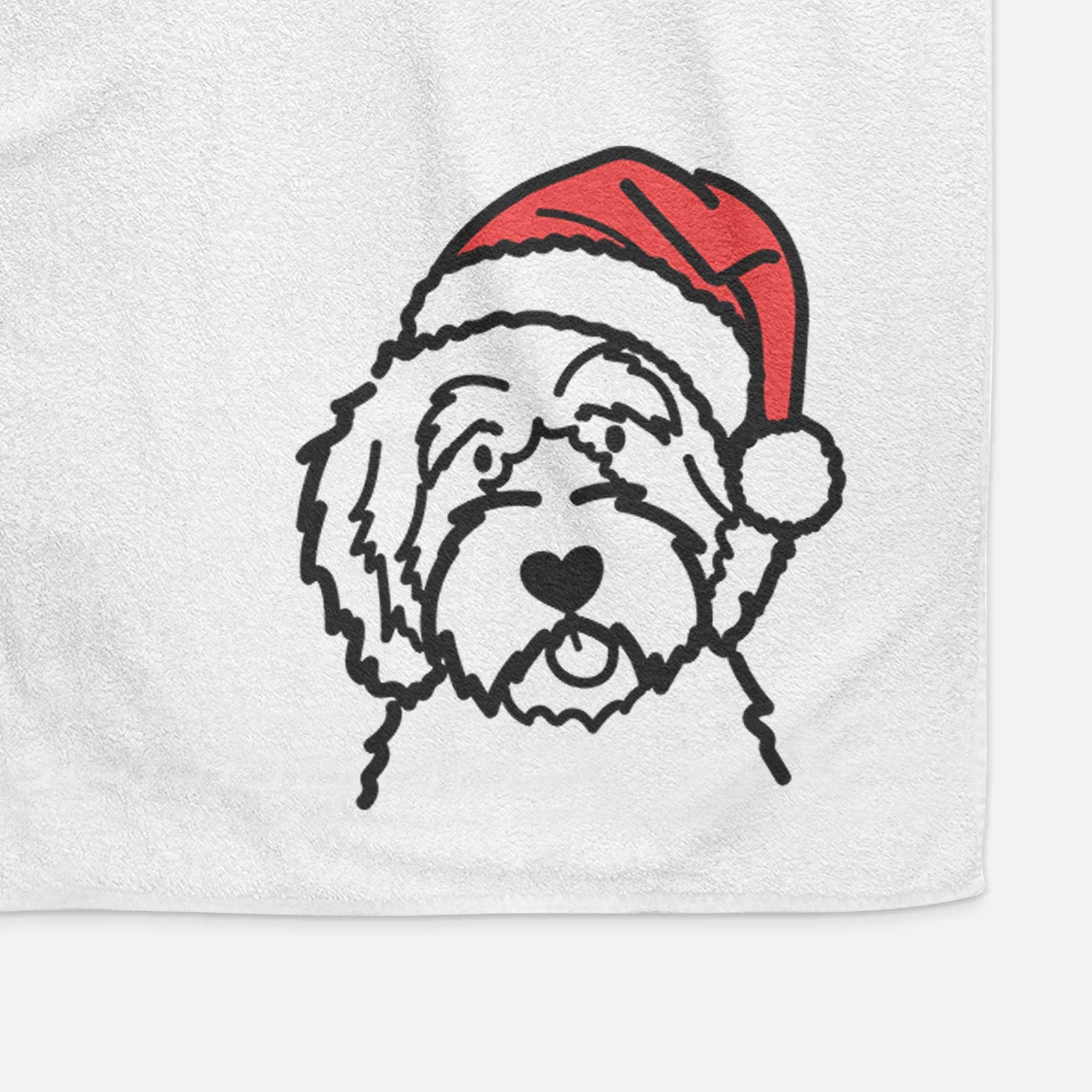 Minimalist line drawing of an Aussiedoodle wearing a Santa hat on a decorative hand towel