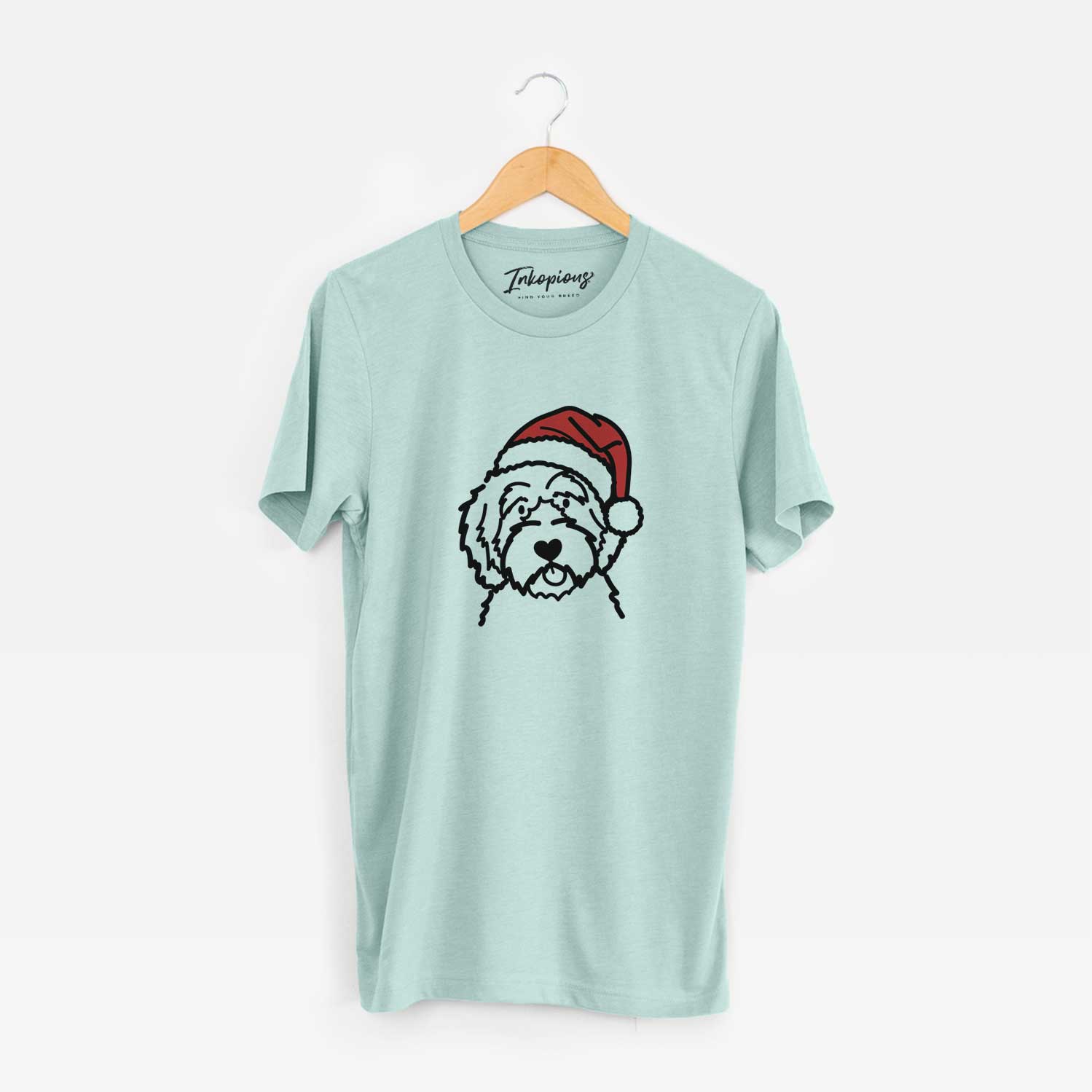 Minimalist line drawing of an Aussiedoodle wearing a Santa hat on a Heather Sage Unisex crewneck