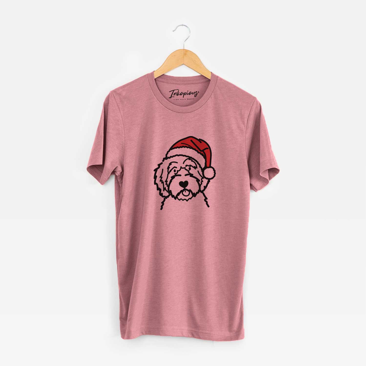 Minimalist line drawing of an Aussiedoodle wearing a Santa hat on a Mauve Unisex crewneck