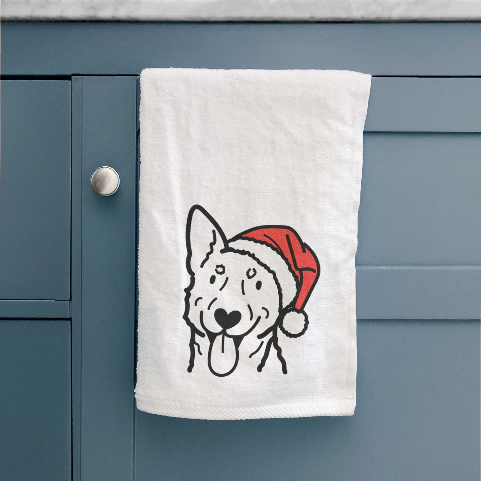 Minimalist line drawing of an Australian Cattle Dog wearing a Santa hat on a decorative hand towel