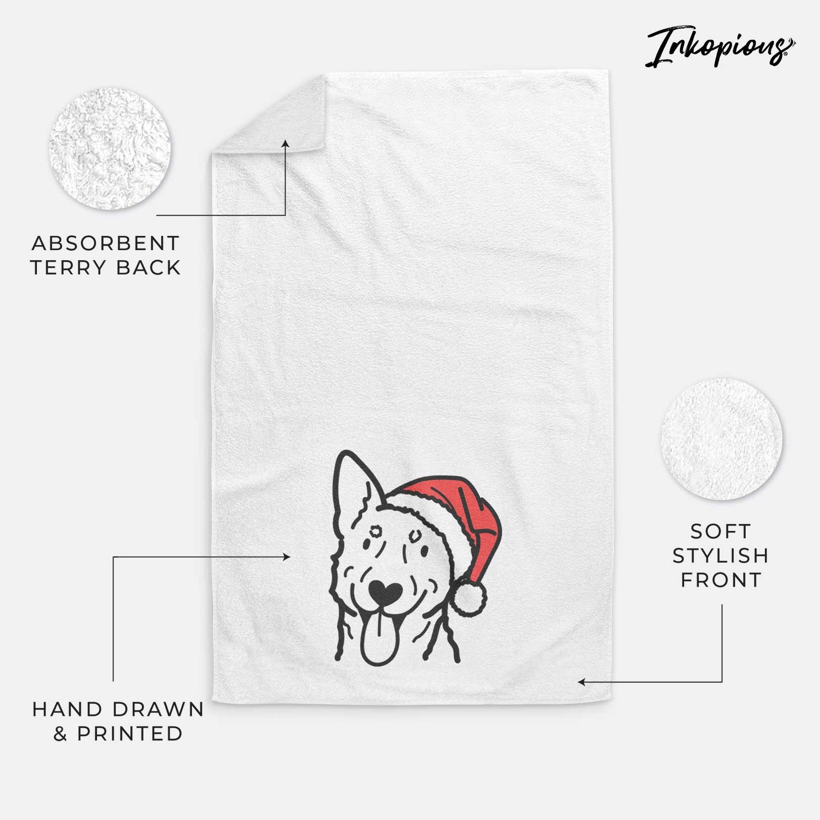 Minimalist line drawing of an Australian Cattle Dog wearing a Santa hat on a decorative hand towel