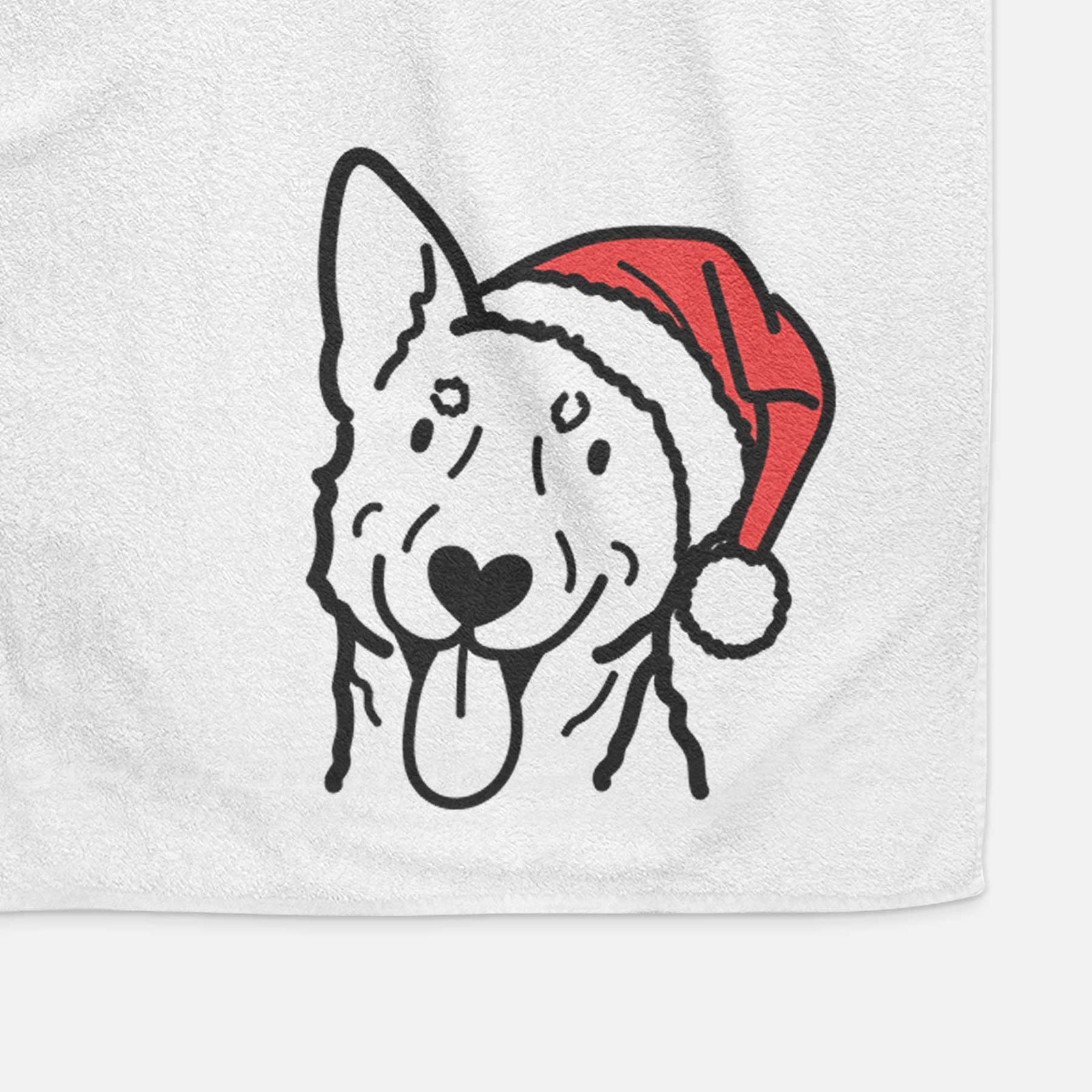 Minimalist line drawing of an Australian Cattle Dog wearing a Santa hat on a decorative hand towel