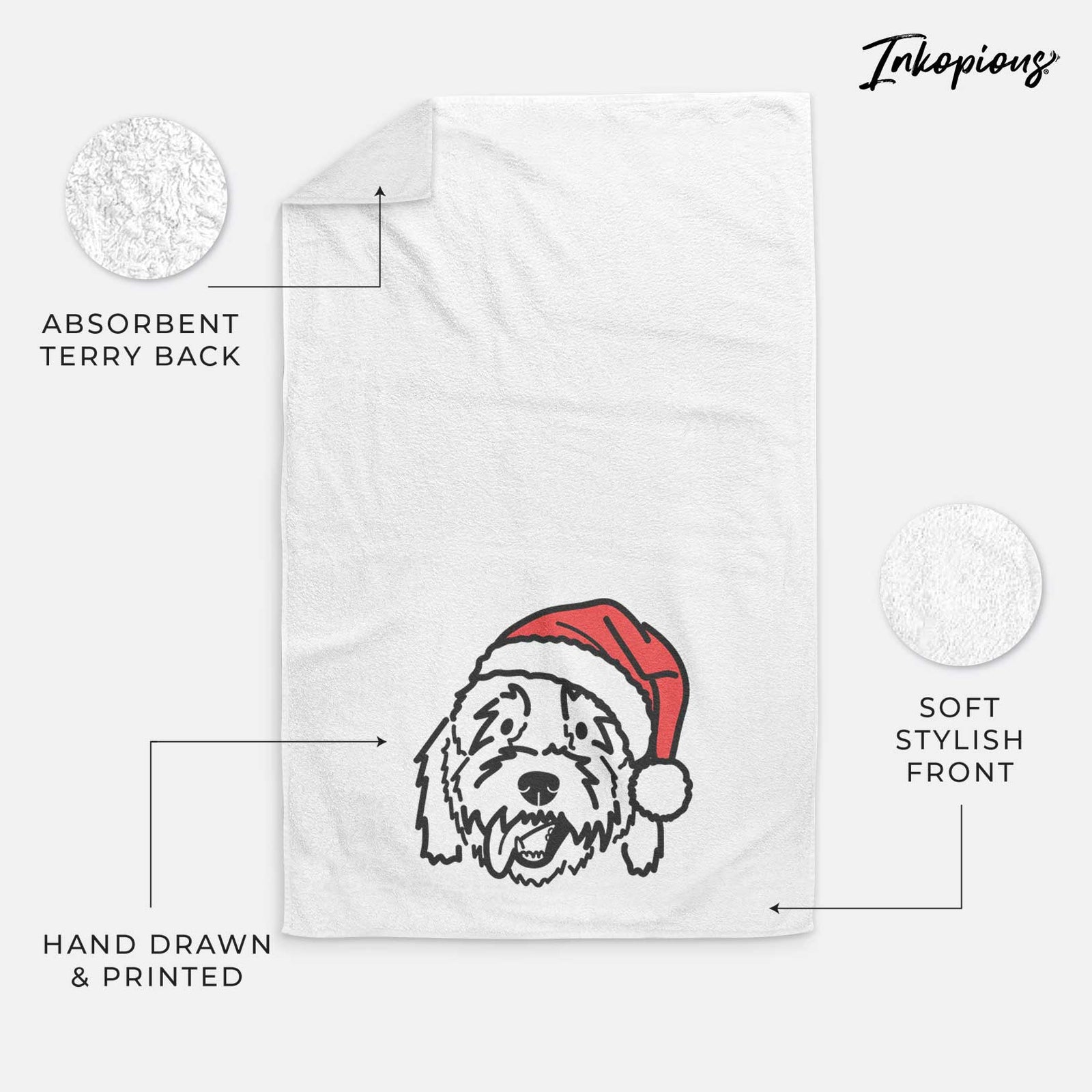 Minimalist line drawing of Barry the Goldendoodle wearing a Santa hat on a decorative hand towel