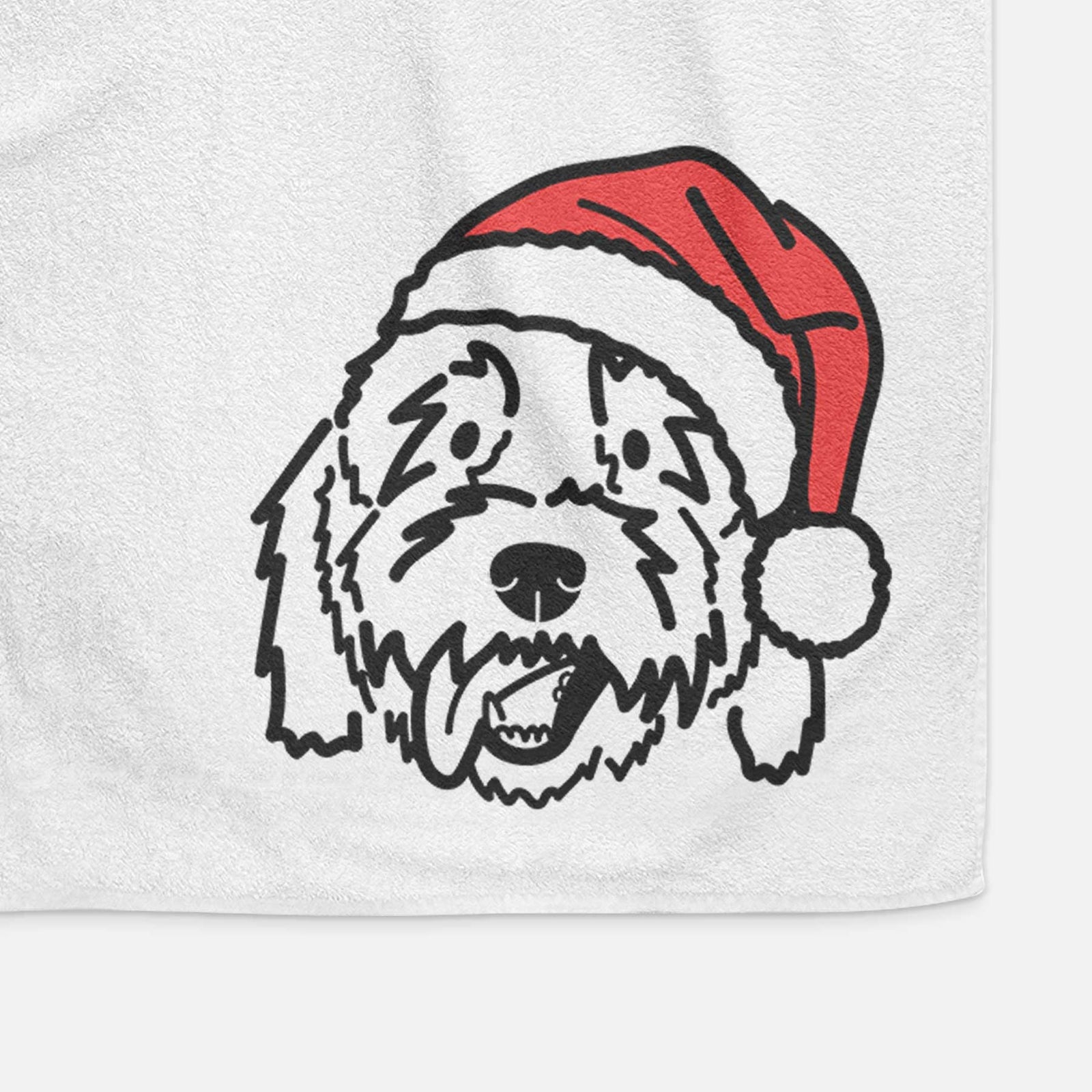 Minimalist line drawing of Barry the Goldendoodle wearing a Santa hat on a decorative hand towel