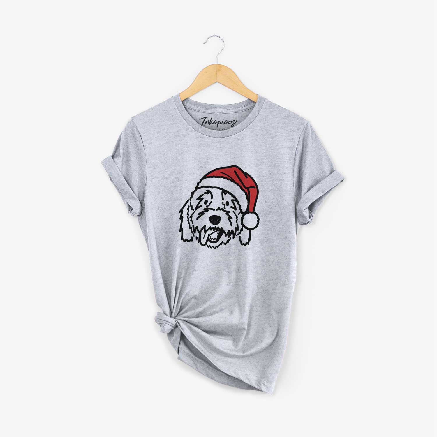 Minimalist line drawing of Barry the Goldendoodle wearing a Santa hat on a Grey Unisex crewneck