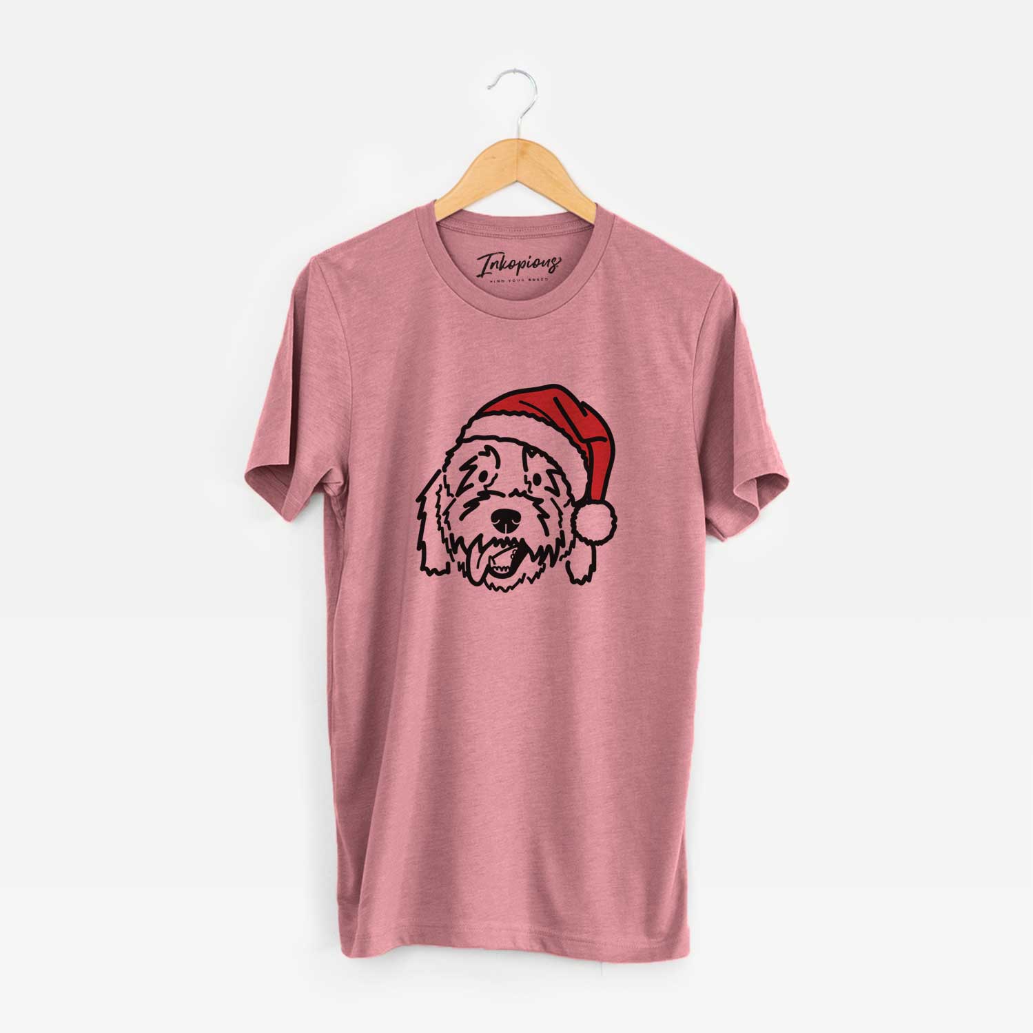 Minimalist line drawing of Barry the Goldendoodle wearing a Santa hat on a Mauve Unisex crewneck