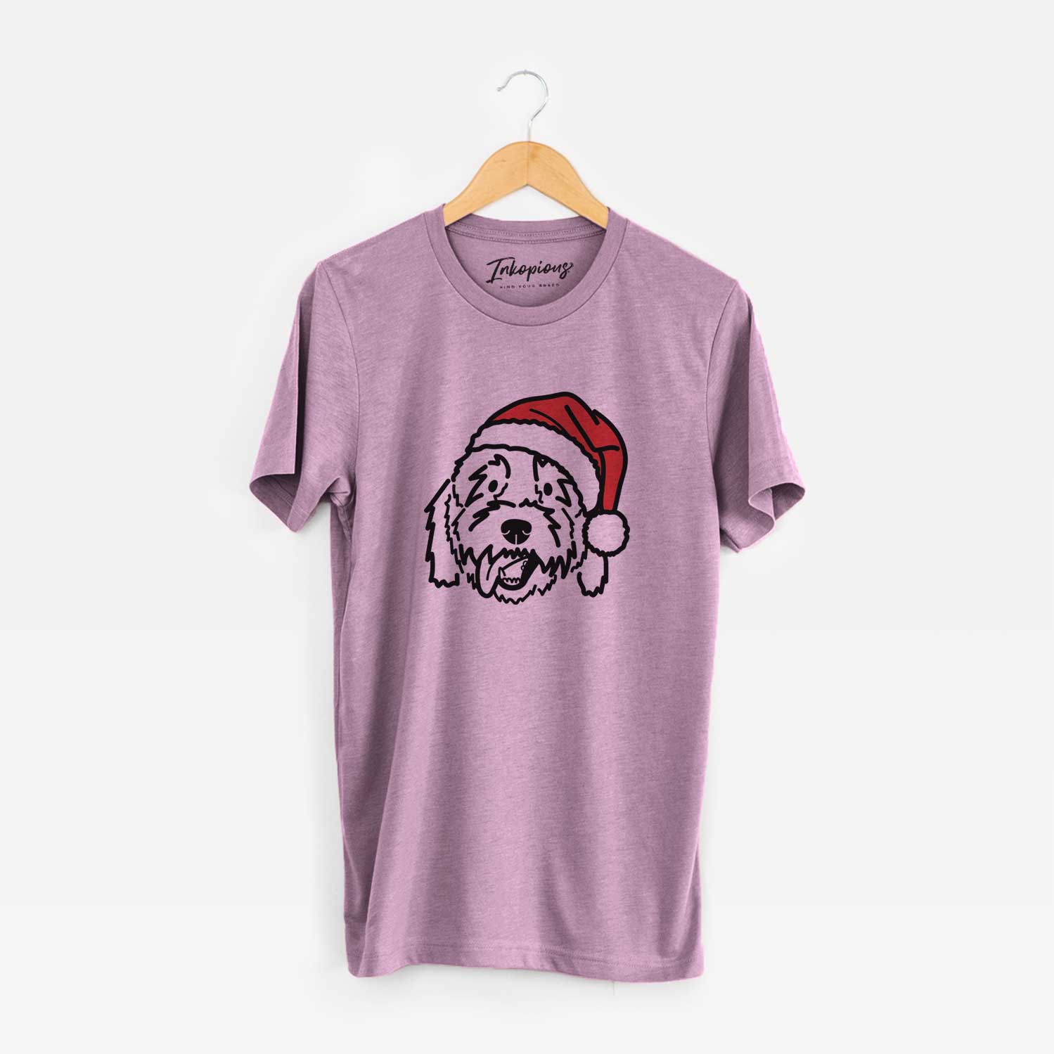 Minimalist line drawing of Barry the Goldendoodle wearing a Santa hat on an Orchid Unisex crewneck