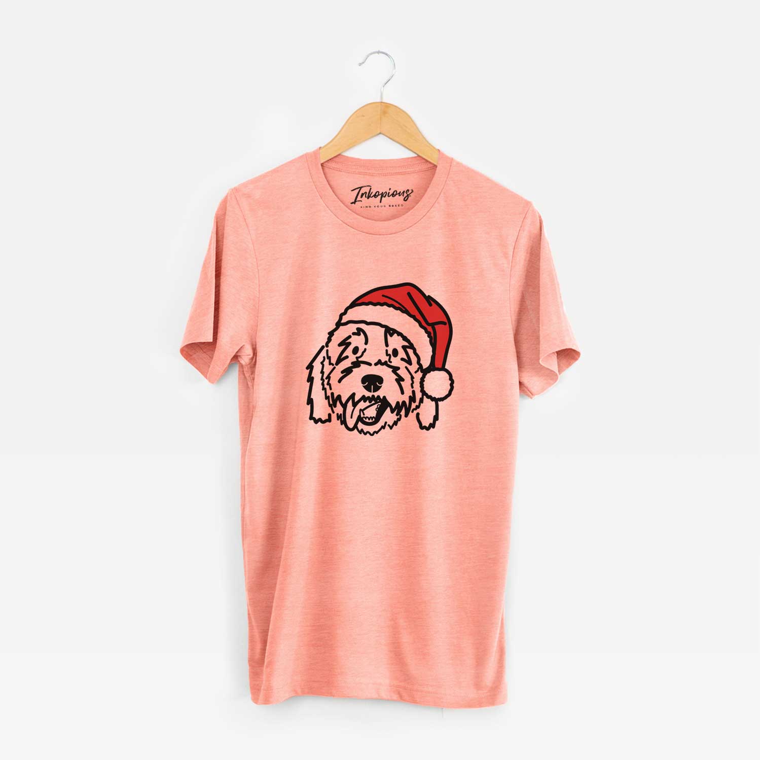 Minimalist line drawing of Barry the Goldendoodle wearing a Santa hat on a Sunset Unisex crewneck