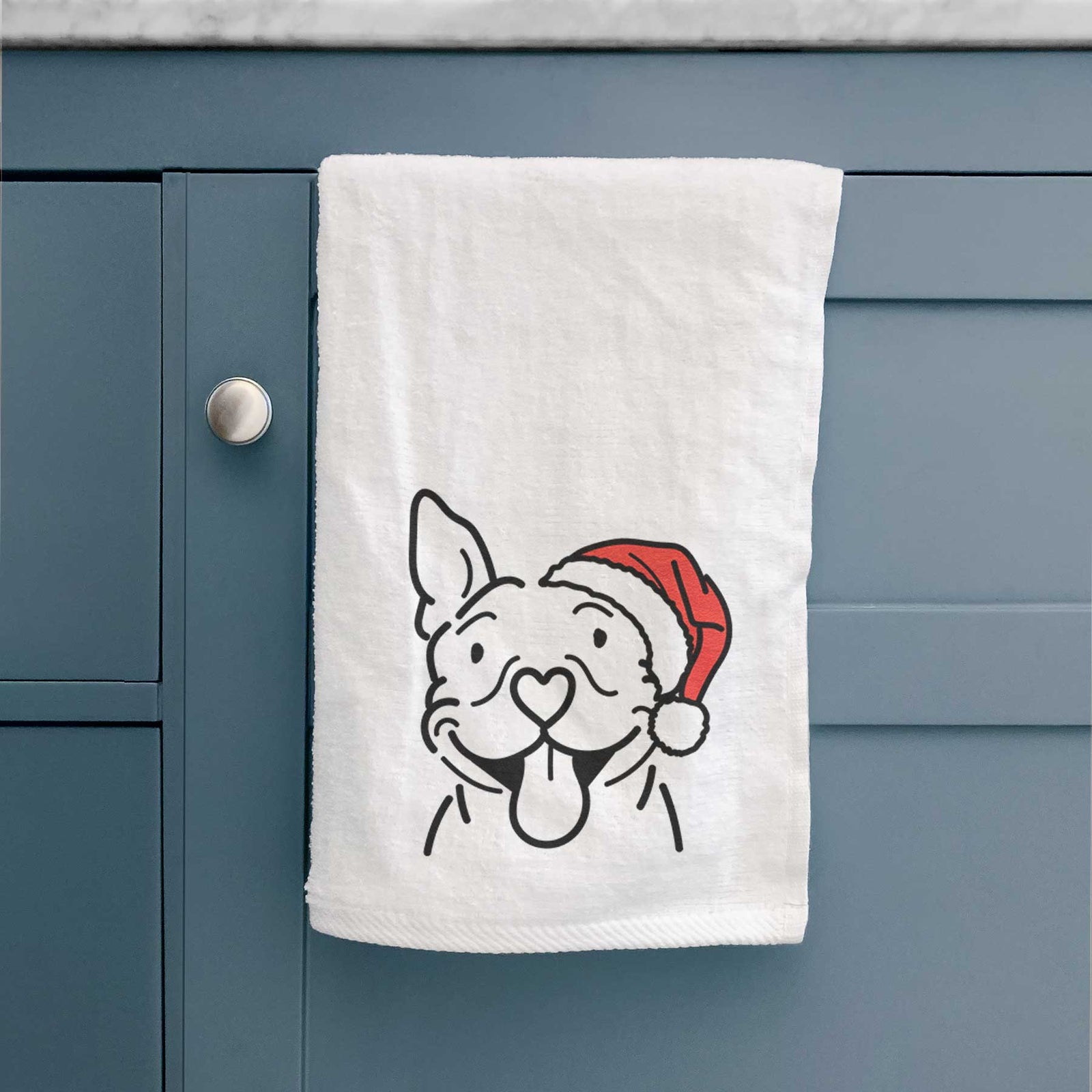 Minimalist line drawing of Basil the Pitbull wearing a Santa hat on a decorative hand towel