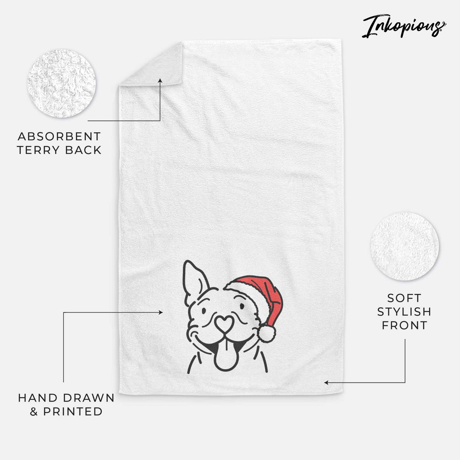 Minimalist line drawing of Basil the Pitbull wearing a Santa hat on a decorative hand towel