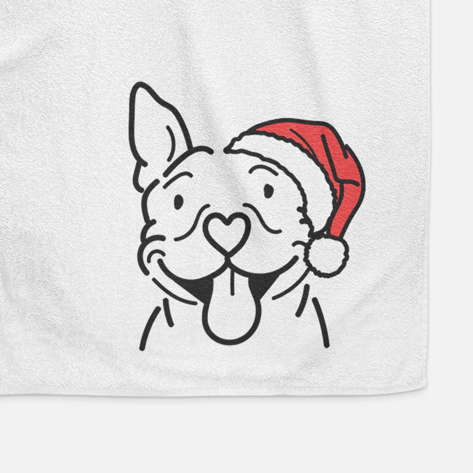 Minimalist line drawing of Basil the Pitbull wearing a Santa hat on a decorative hand towel