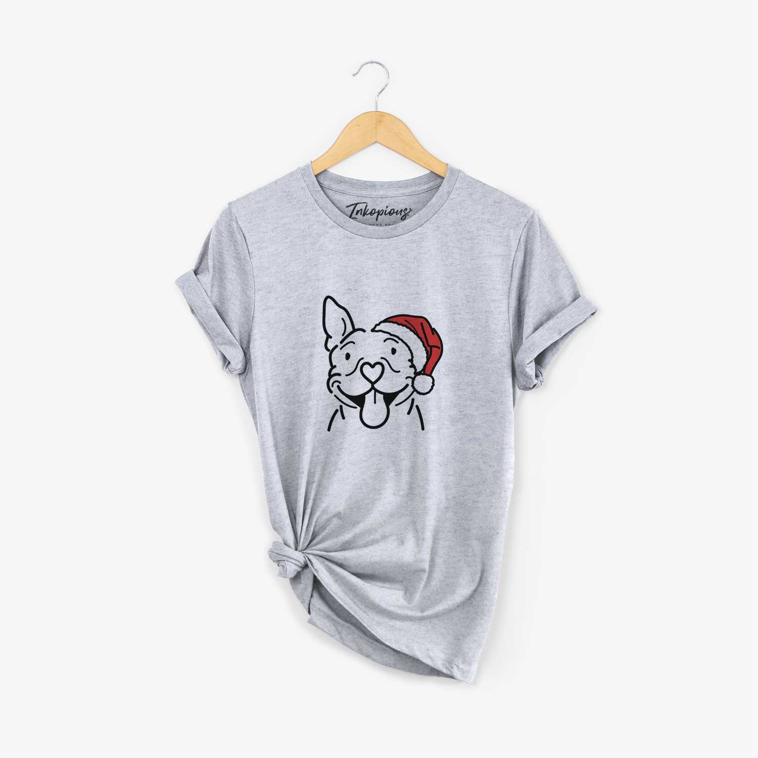 Minimalist line drawing of Basil the Pitbull wearing a Santa hat on a Grey Unisex crewneck