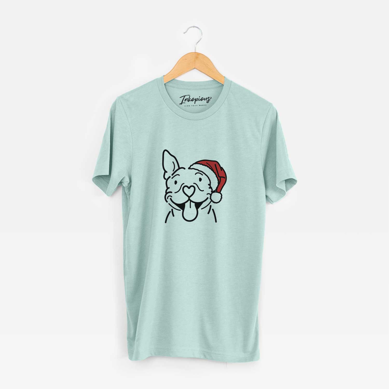 Minimalist line drawing of Basil the Pitbull wearing a Santa hat on a Heather Sage Unisex crewneck
