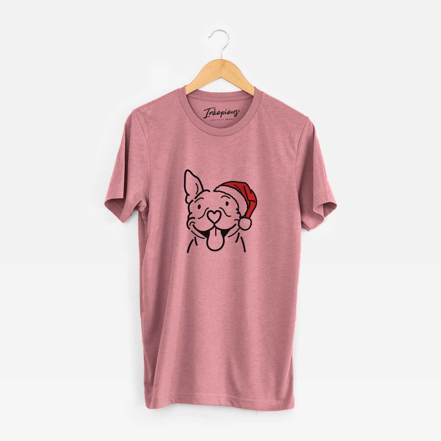 Minimalist line drawing of Basil the Pitbull wearing a Santa hat on a Mauve Unisex crewneck
