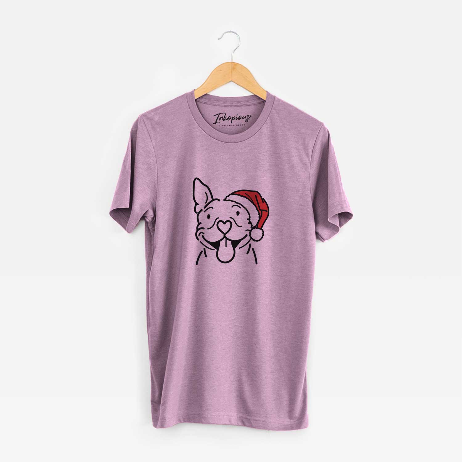 Minimalist line drawing of Basil the Pitbull wearing a Santa hat on an Orchid Unisex crewneck