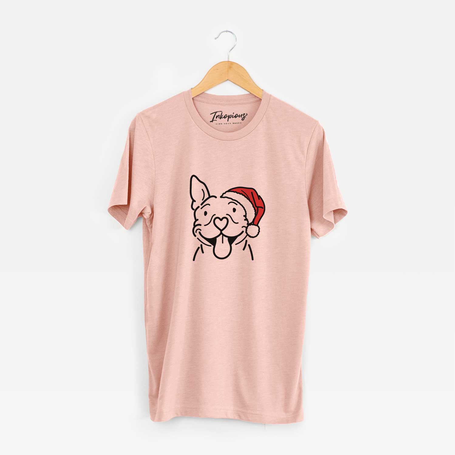 Minimalist line drawing of Basil the Pitbull wearing a Santa hat on a Peach Unisex crewneck
