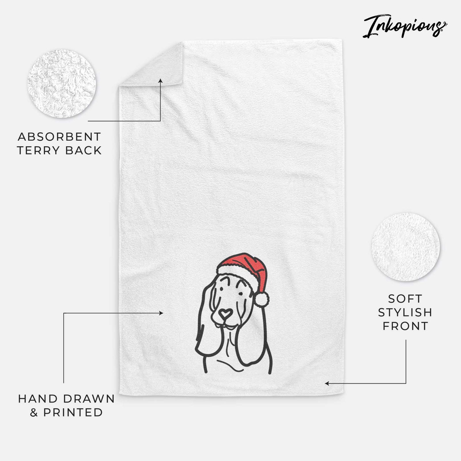 Minimalist line drawing of a Basset Hound wearing a Santa hat on a decorative hand towel