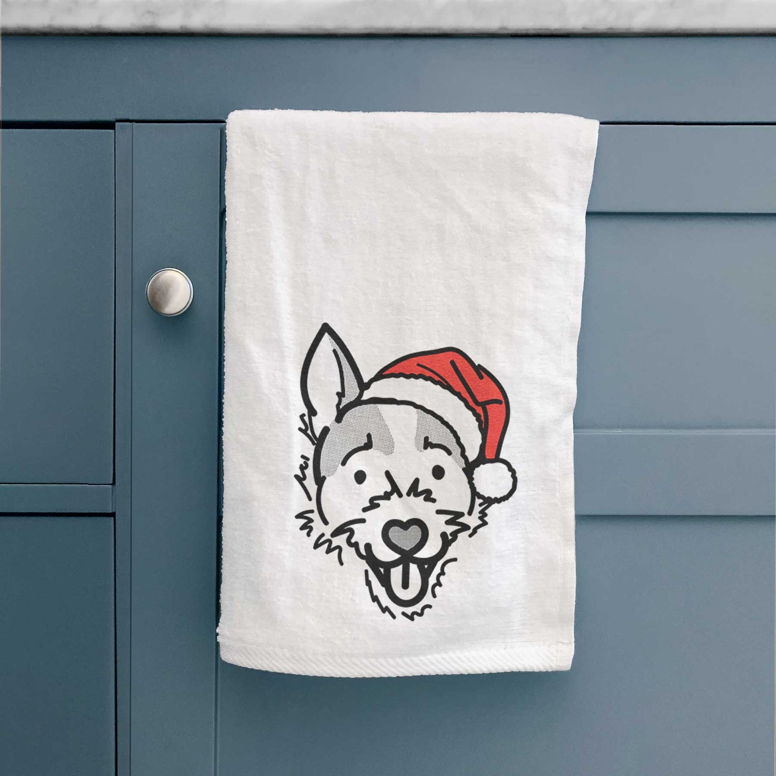 Minimalist line drawing of Baxter the Jack Russell Terrier wearing a Santa hat on a decorative hand towel