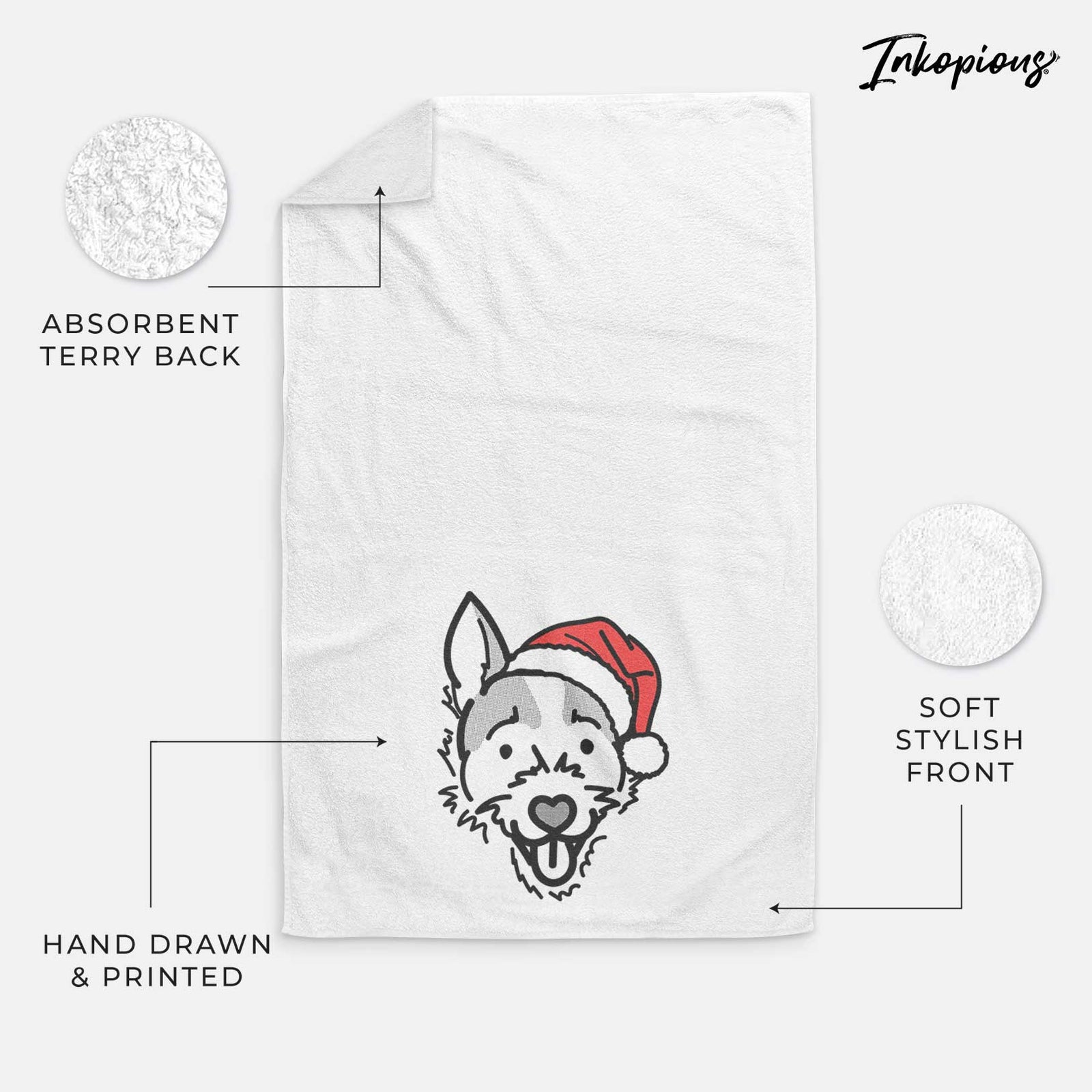 Minimalist line drawing of Baxter the Jack Russell Terrier wearing a Santa hat on a decorative hand towel