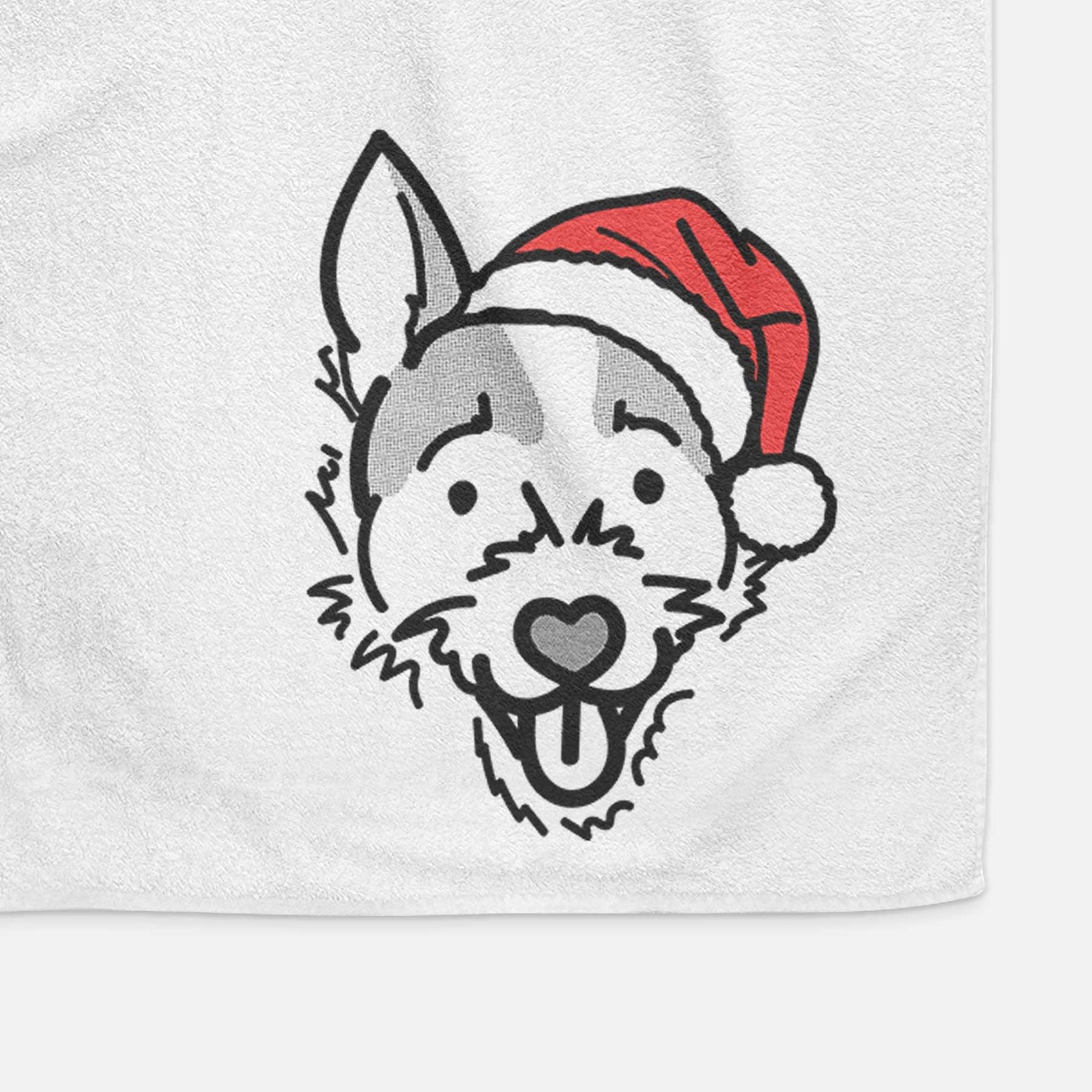 Minimalist line drawing of Baxter the Jack Russell Terrier wearing a Santa hat on a decorative hand towel