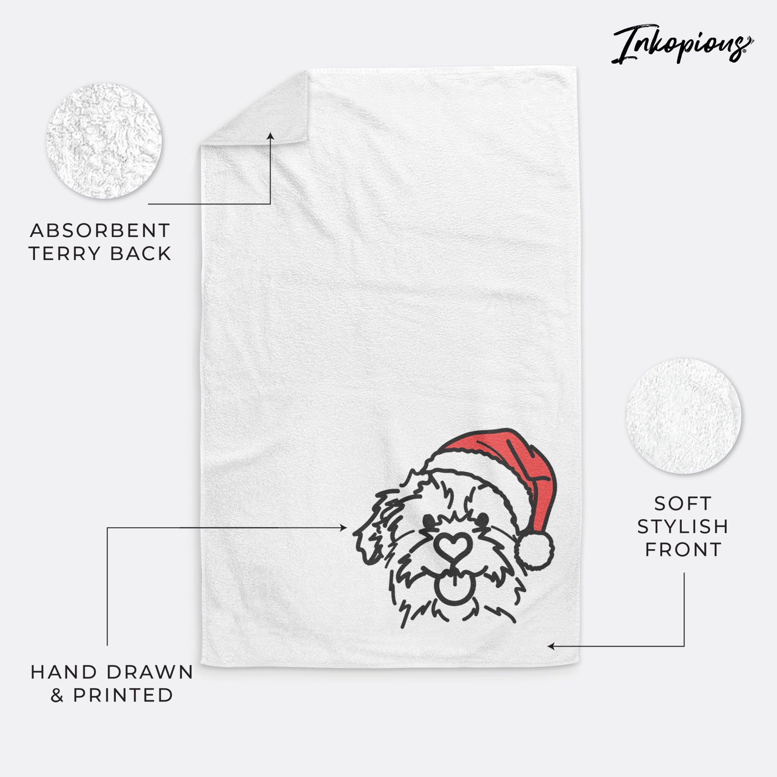Minimalist line drawing of Bea the Mixed Breed wearing a Santa hat on a decorative hand towel