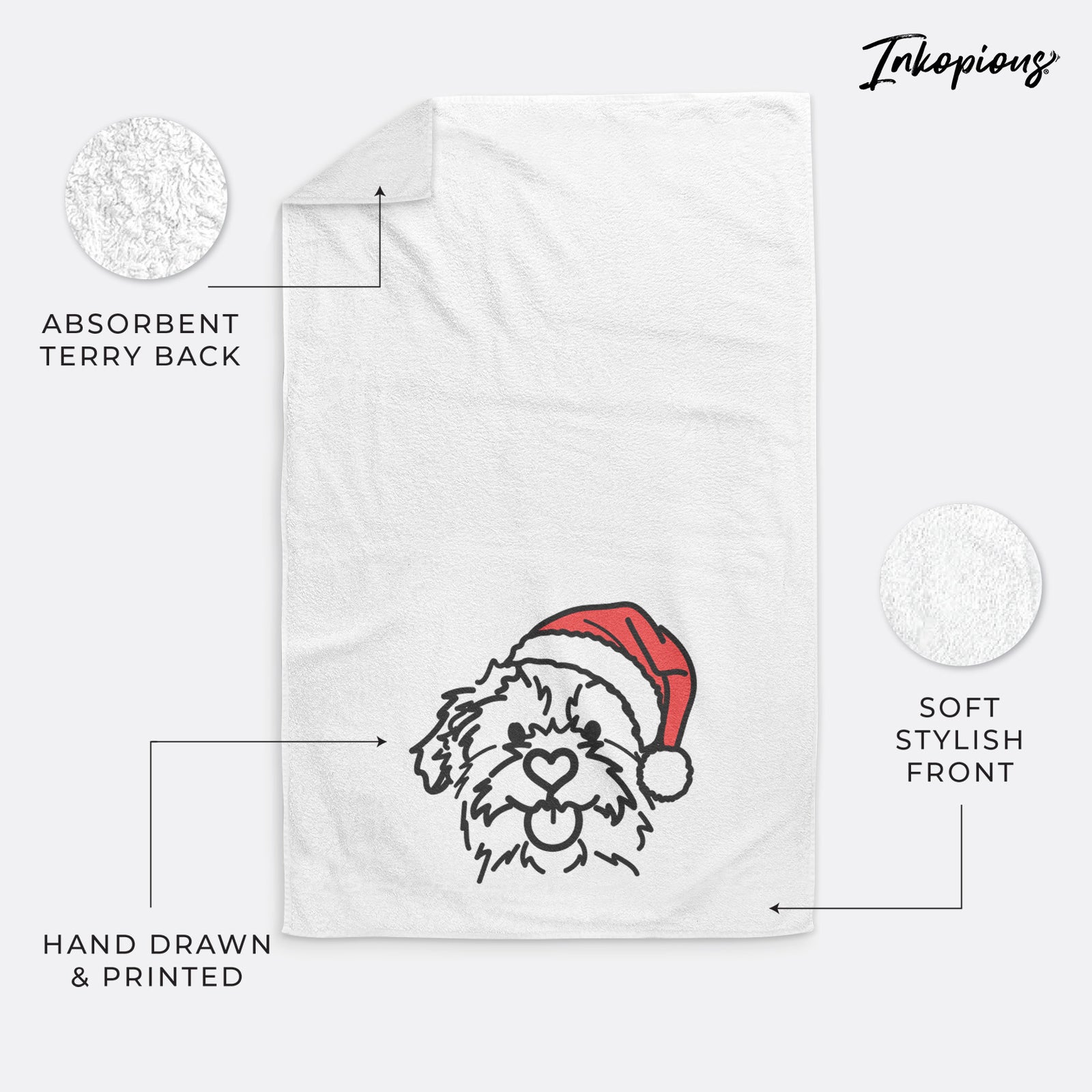 Minimalist line drawing of Bea the Mixed Breed wearing a Santa hat on a decorative hand towel